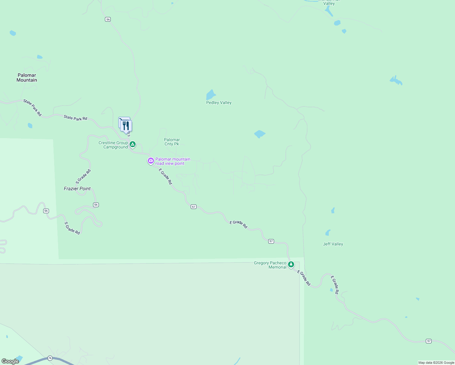map of restaurants, bars, coffee shops, grocery stores, and more near 22209 Crestline Road in Palomar Mountain