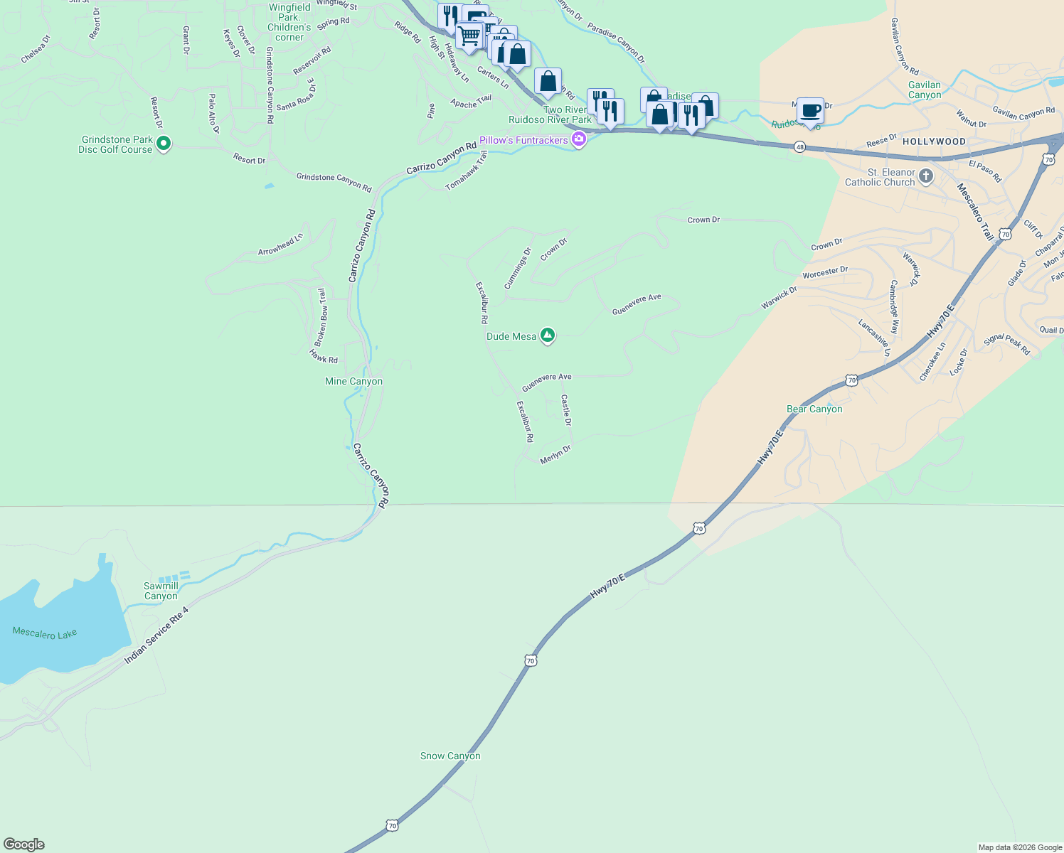 map of restaurants, bars, coffee shops, grocery stores, and more near 509 Excalibur Road in Ruidoso