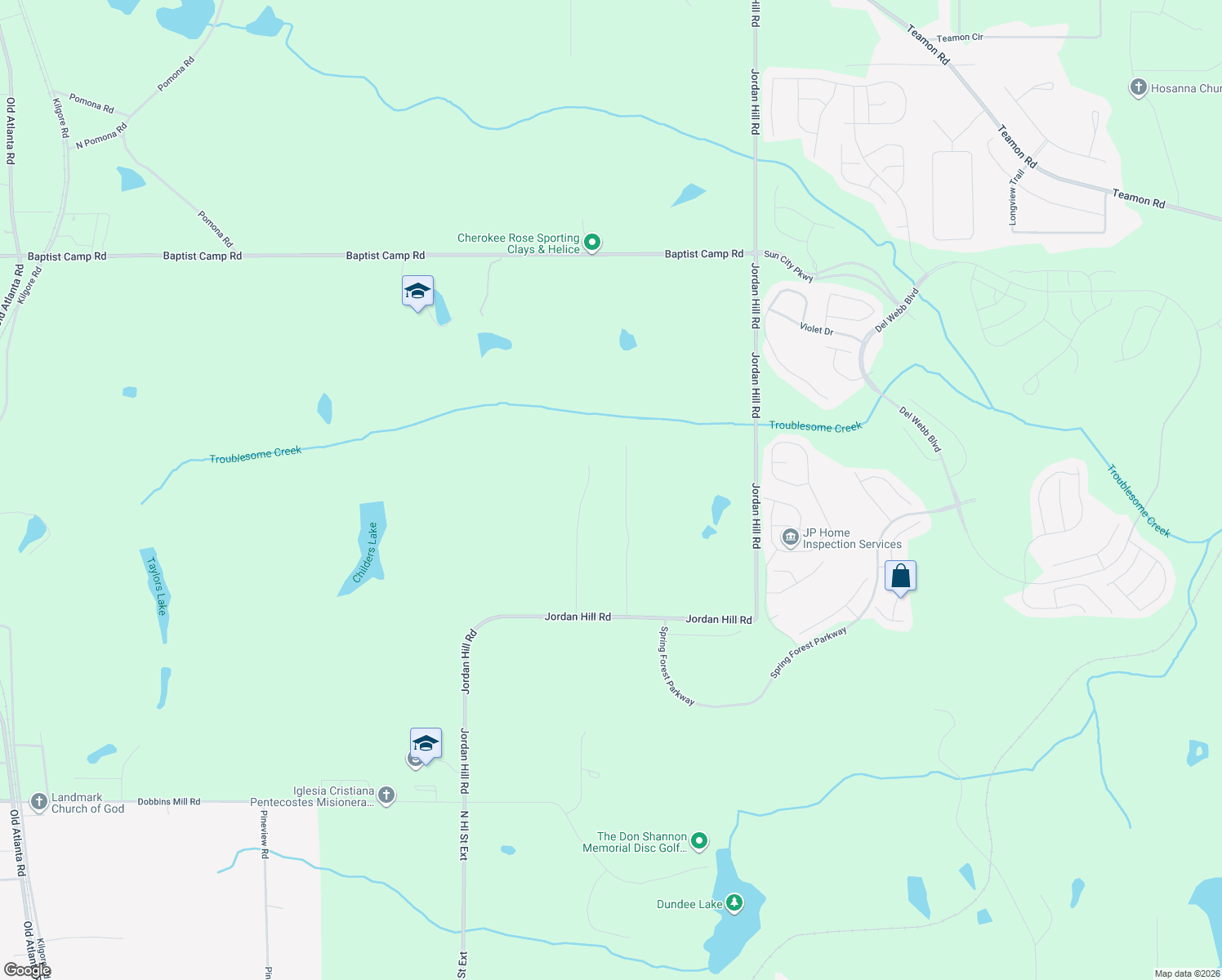 map of restaurants, bars, coffee shops, grocery stores, and more near 203 Ponderosa Road in Griffin