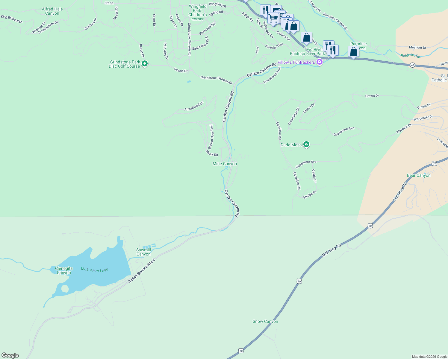 map of restaurants, bars, coffee shops, grocery stores, and more near 890-906 Carrizo Canyon Road in Ruidoso
