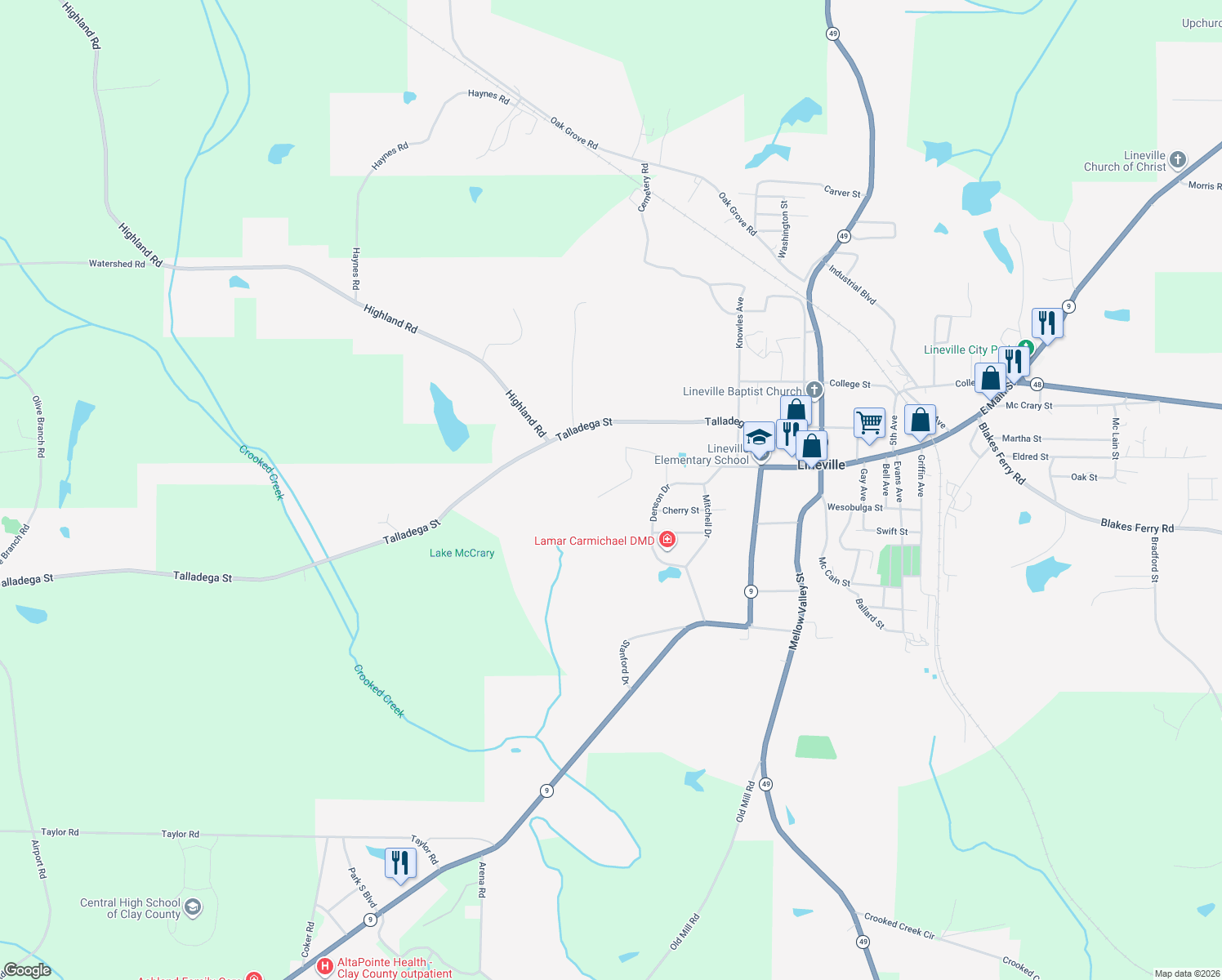 map of restaurants, bars, coffee shops, grocery stores, and more near 230 Pine Ridge Drive in Lineville