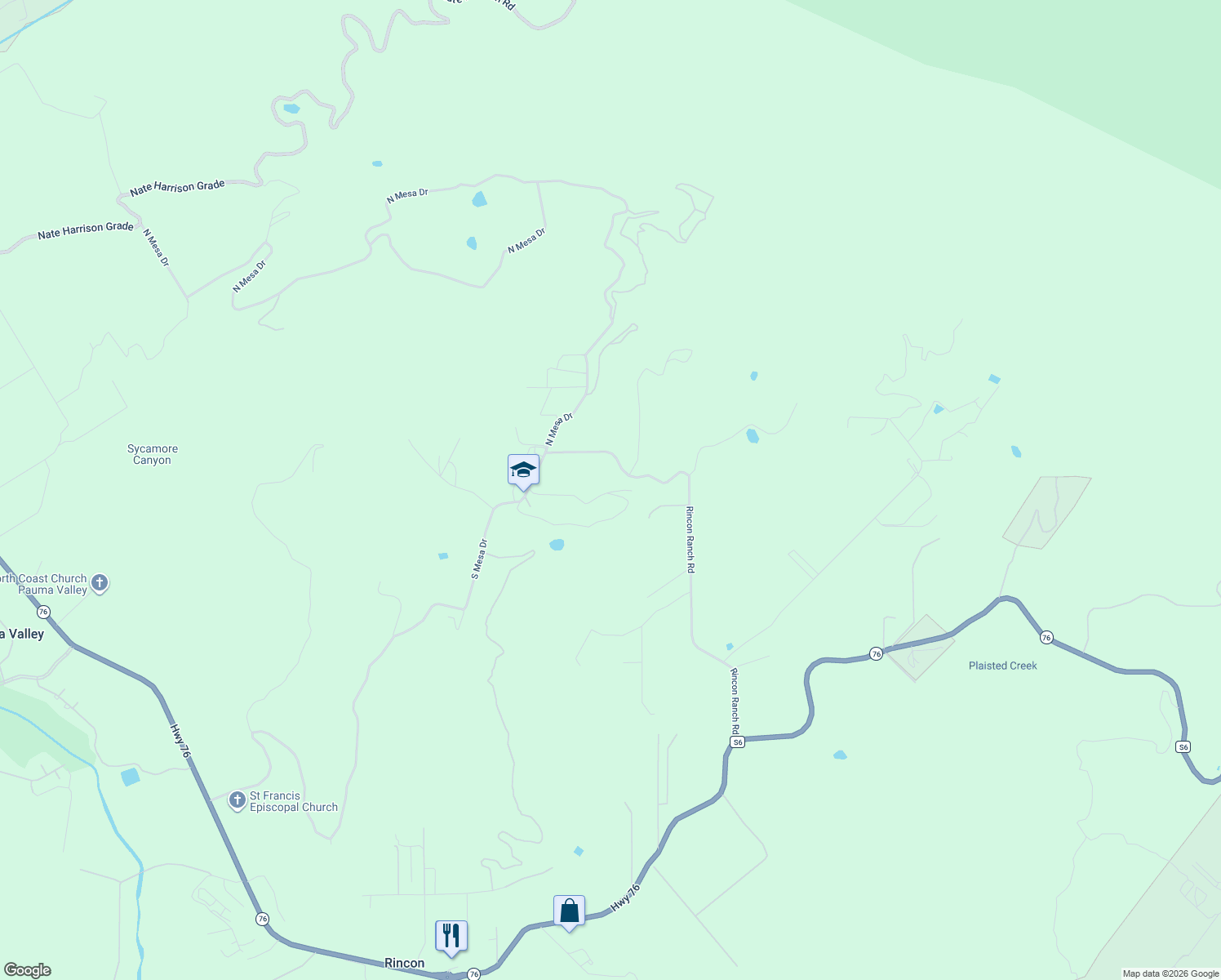 map of restaurants, bars, coffee shops, grocery stores, and more near 32906 Rincon Rancho Road in Pauma Valley