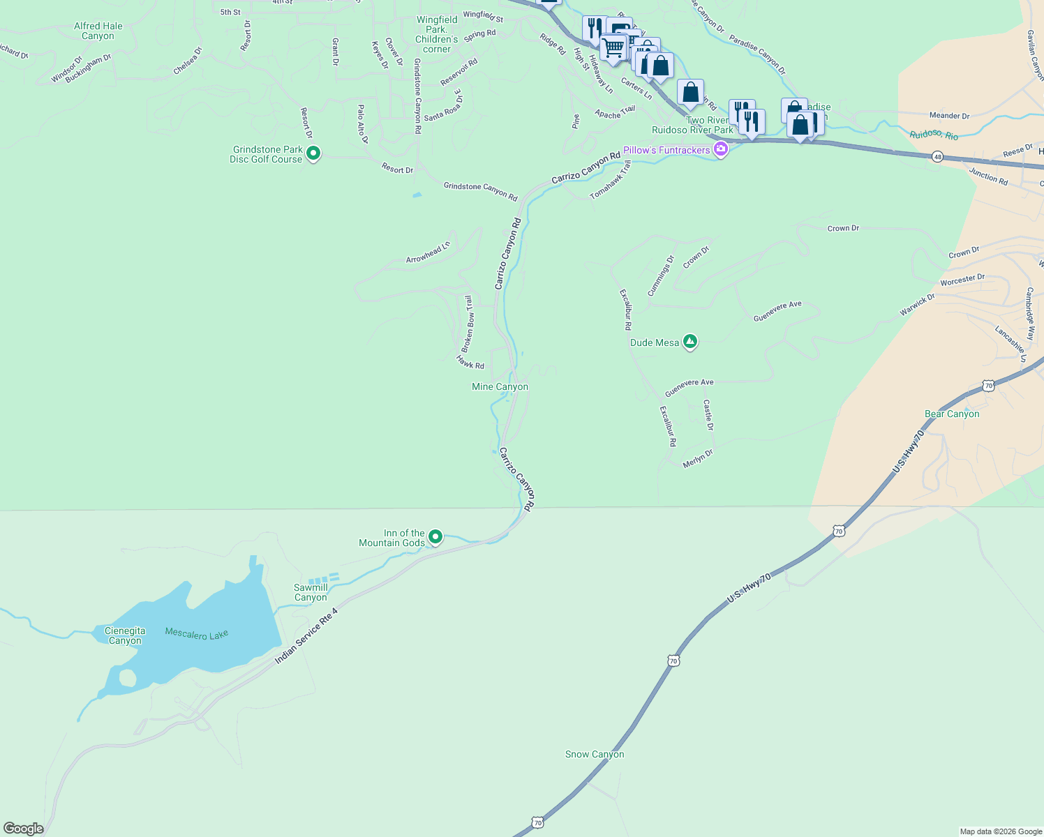 map of restaurants, bars, coffee shops, grocery stores, and more near High Rocky Road in Ruidoso