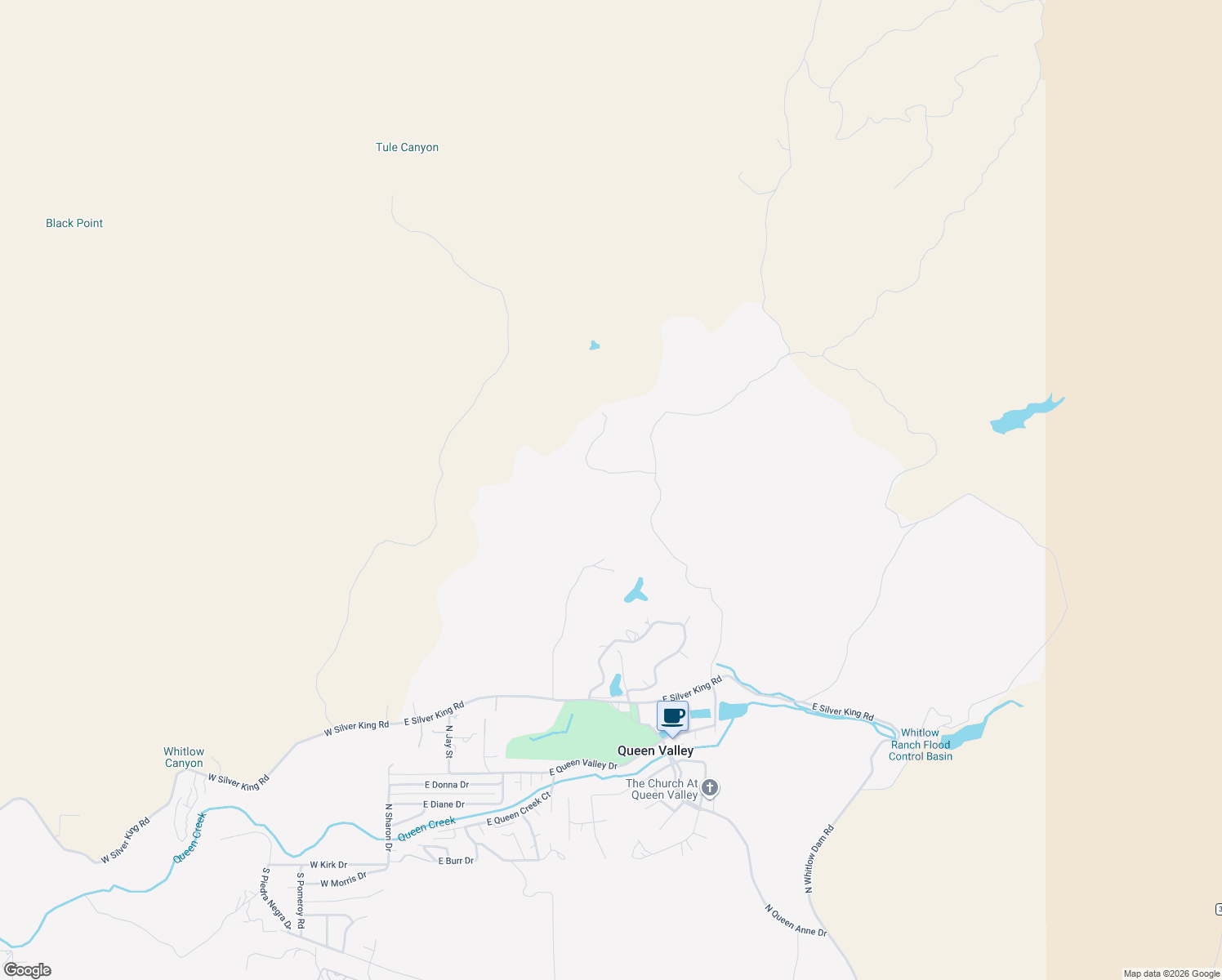 map of restaurants, bars, coffee shops, grocery stores, and more near Elephant Butte Road in Queen Valley