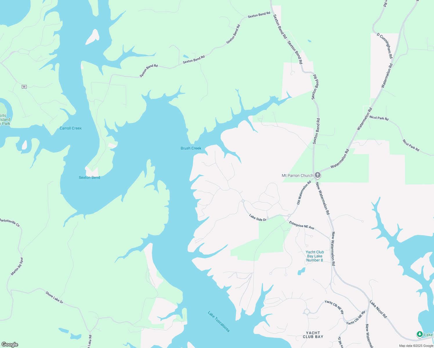 map of restaurants, bars, coffee shops, grocery stores, and more near 9940 Lake Side Drive in Tuscaloosa