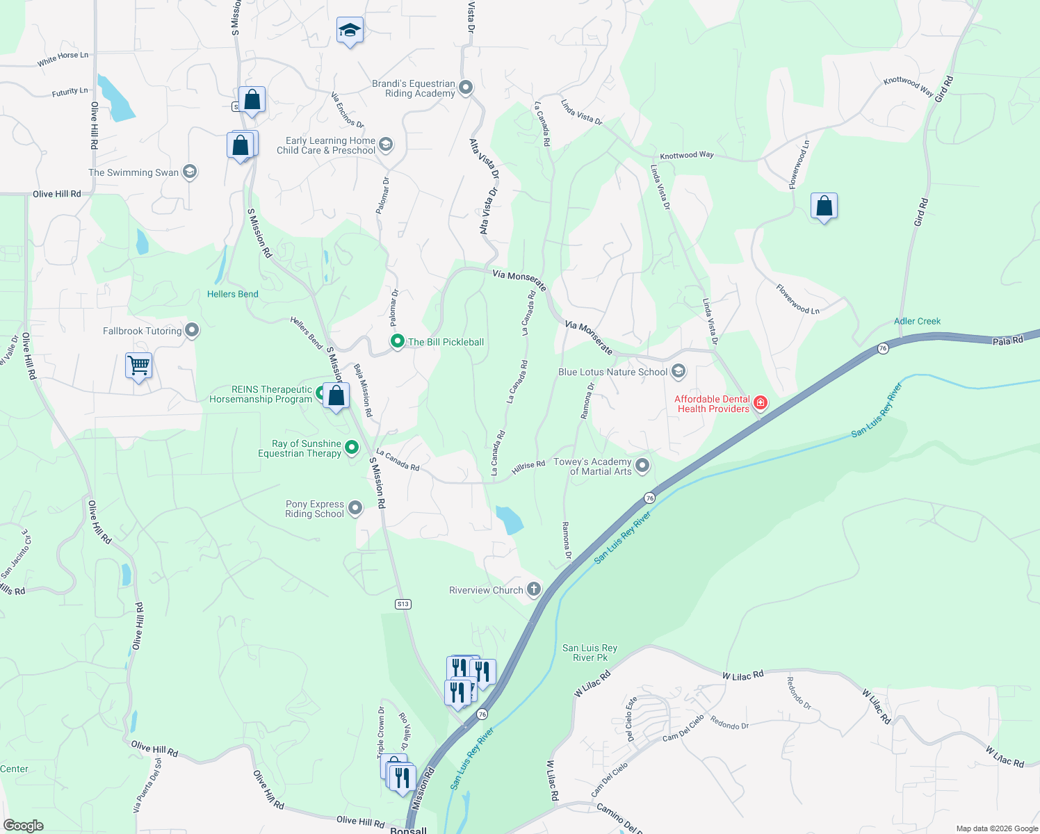 map of restaurants, bars, coffee shops, grocery stores, and more near 4316 La Canada Road in Fallbrook