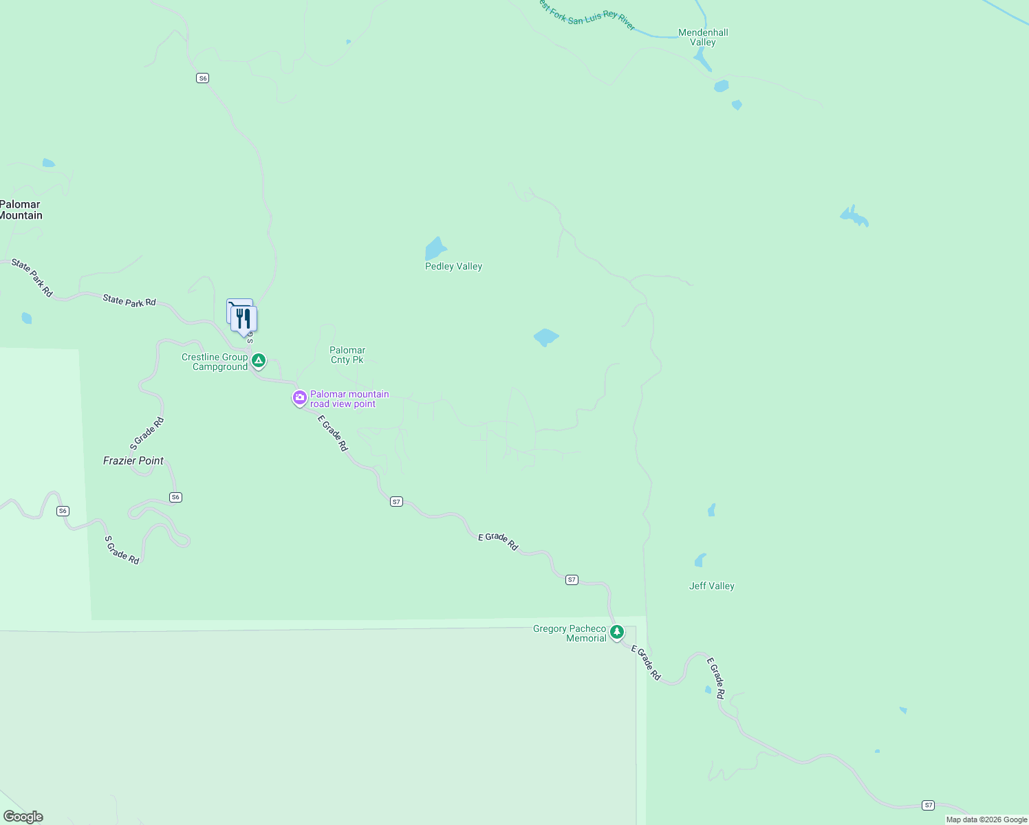 map of restaurants, bars, coffee shops, grocery stores, and more near 22248 Crestline Road in Palomar Mountain