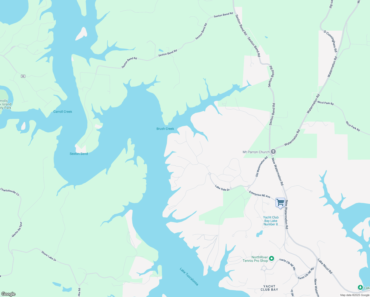map of restaurants, bars, coffee shops, grocery stores, and more near 9940 Lake Side Drive in Tuscaloosa