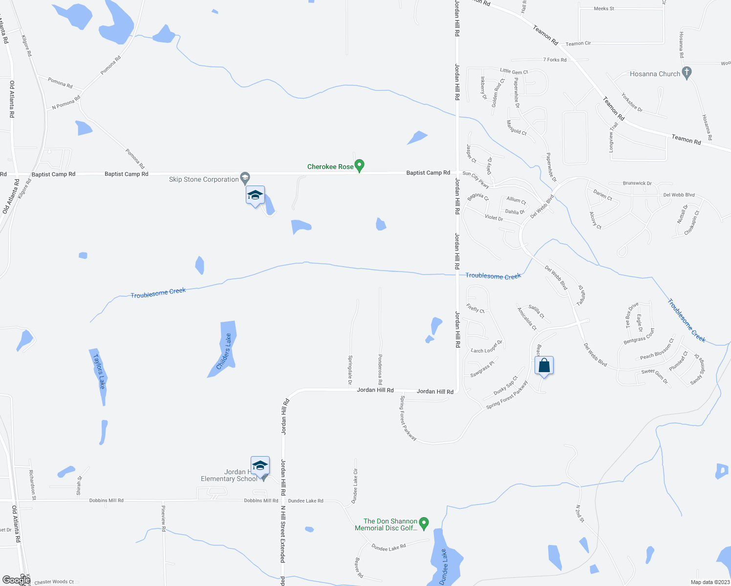map of restaurants, bars, coffee shops, grocery stores, and more near 249 Ponderosa Road in Griffin
