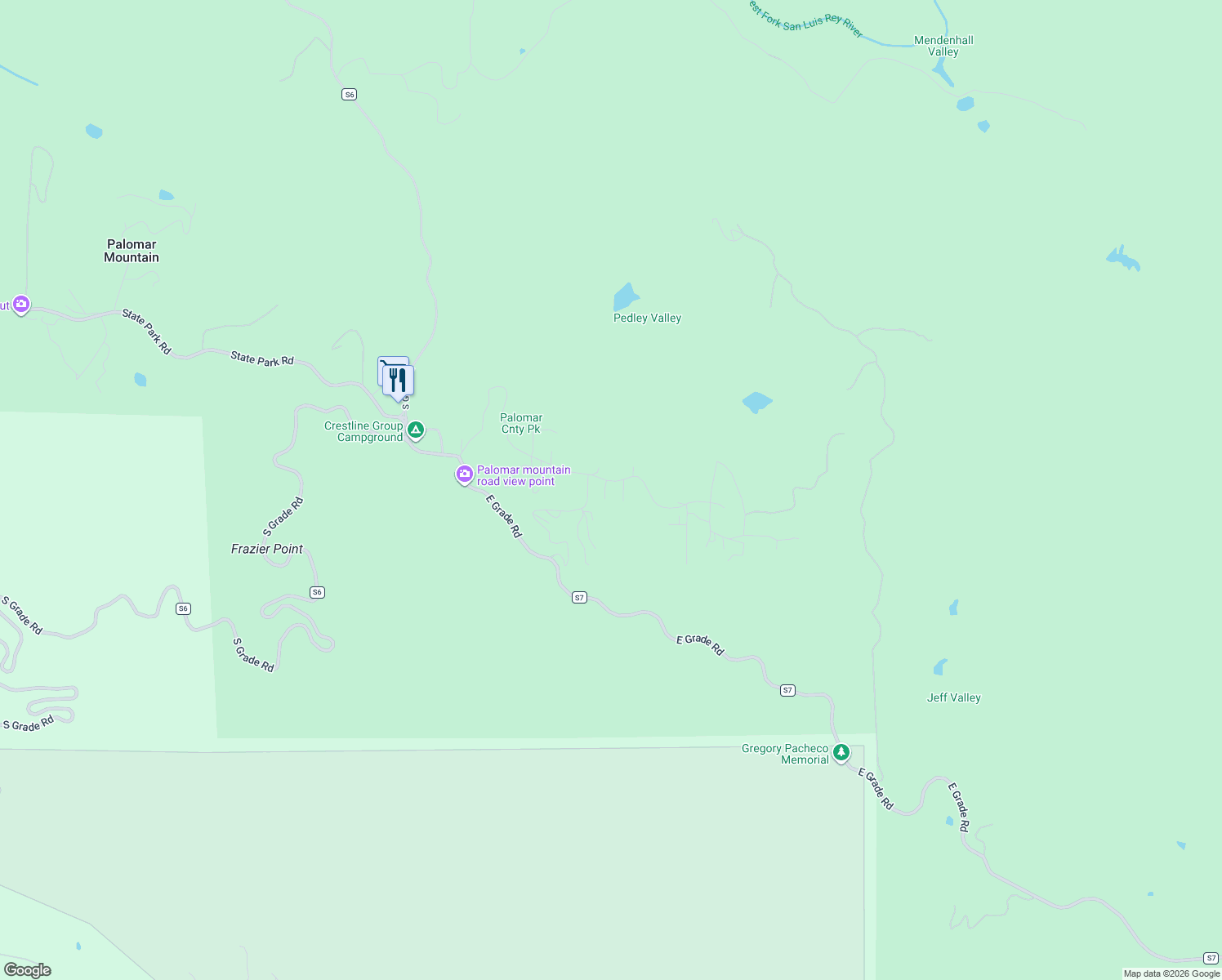map of restaurants, bars, coffee shops, grocery stores, and more near 22021 Crestline Road in Palomar Mountain