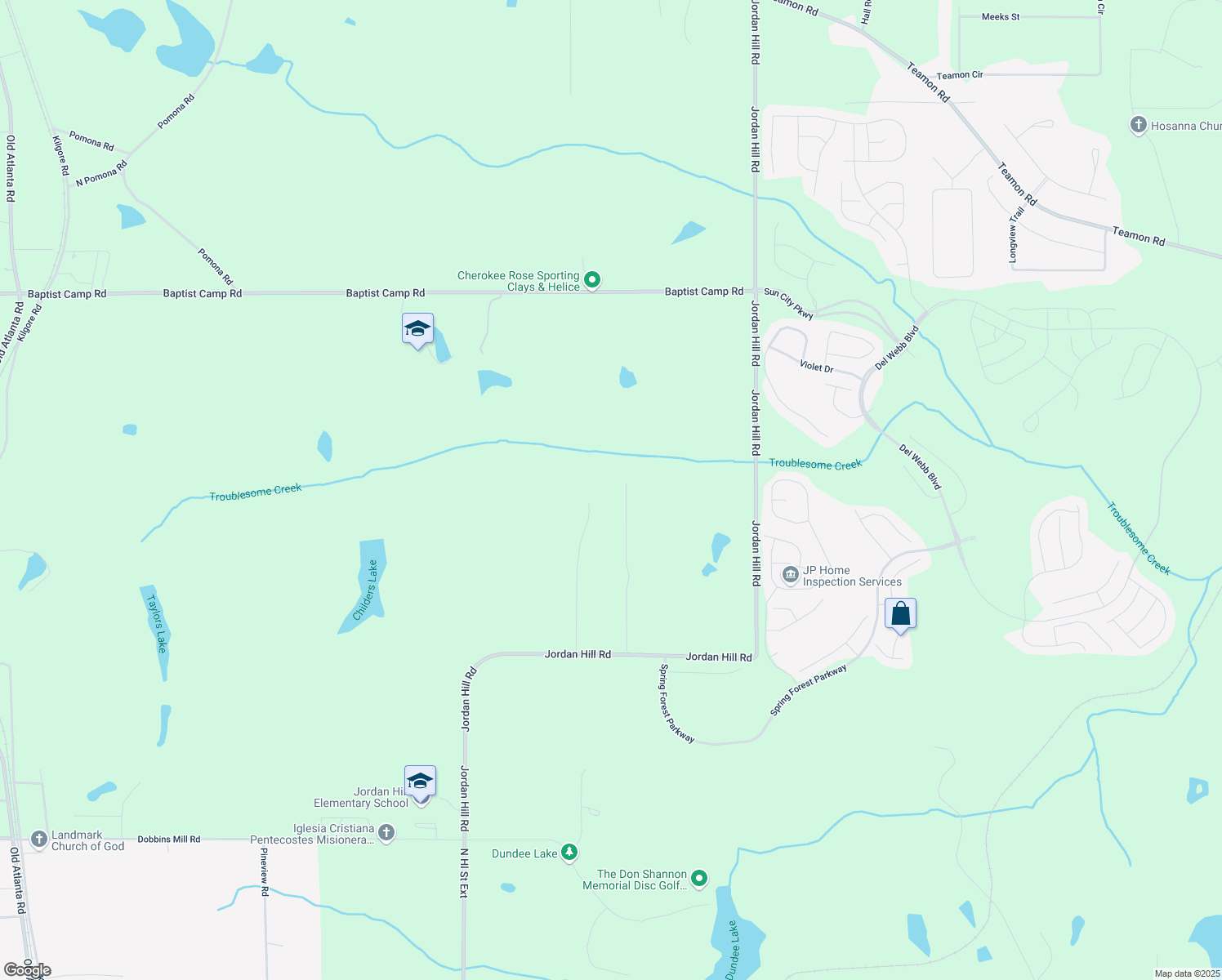 map of restaurants, bars, coffee shops, grocery stores, and more near 249 Ponderosa Road in Griffin