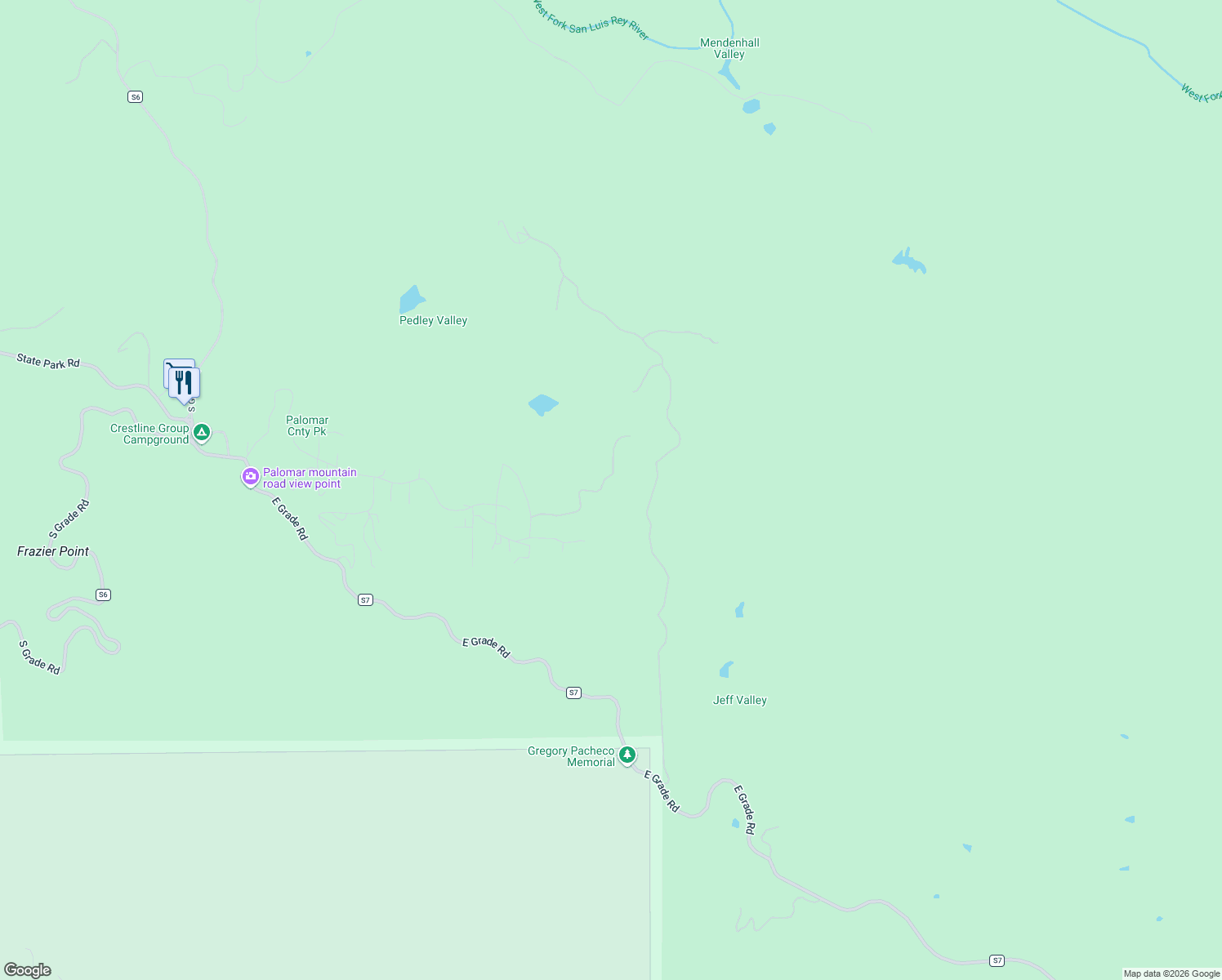 map of restaurants, bars, coffee shops, grocery stores, and more near 32751 Birch Hill Road in Palomar Mountain