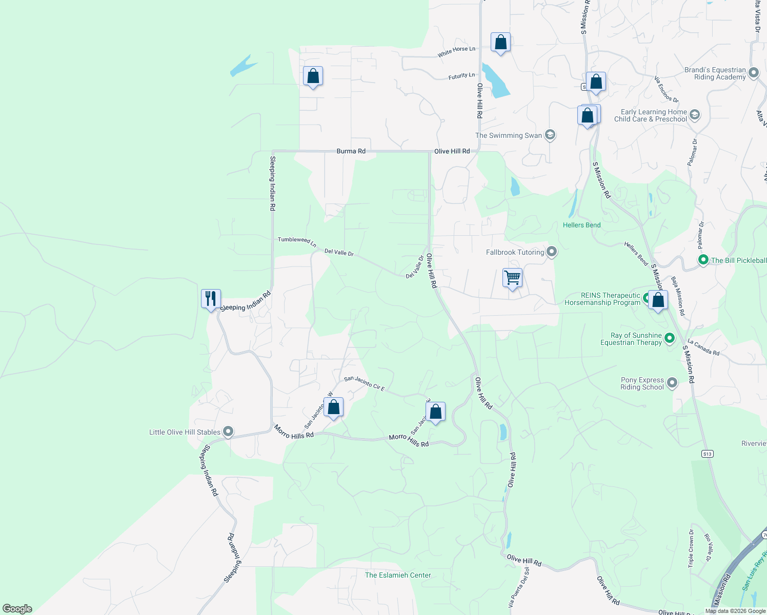 map of restaurants, bars, coffee shops, grocery stores, and more near 4477 Highland Oaks Street in Fallbrook