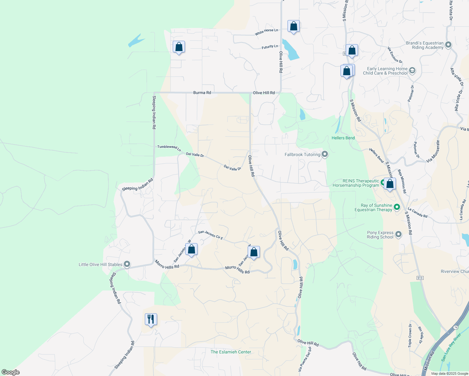 map of restaurants, bars, coffee shops, grocery stores, and more near 4664 Highland Oaks Street in Fallbrook