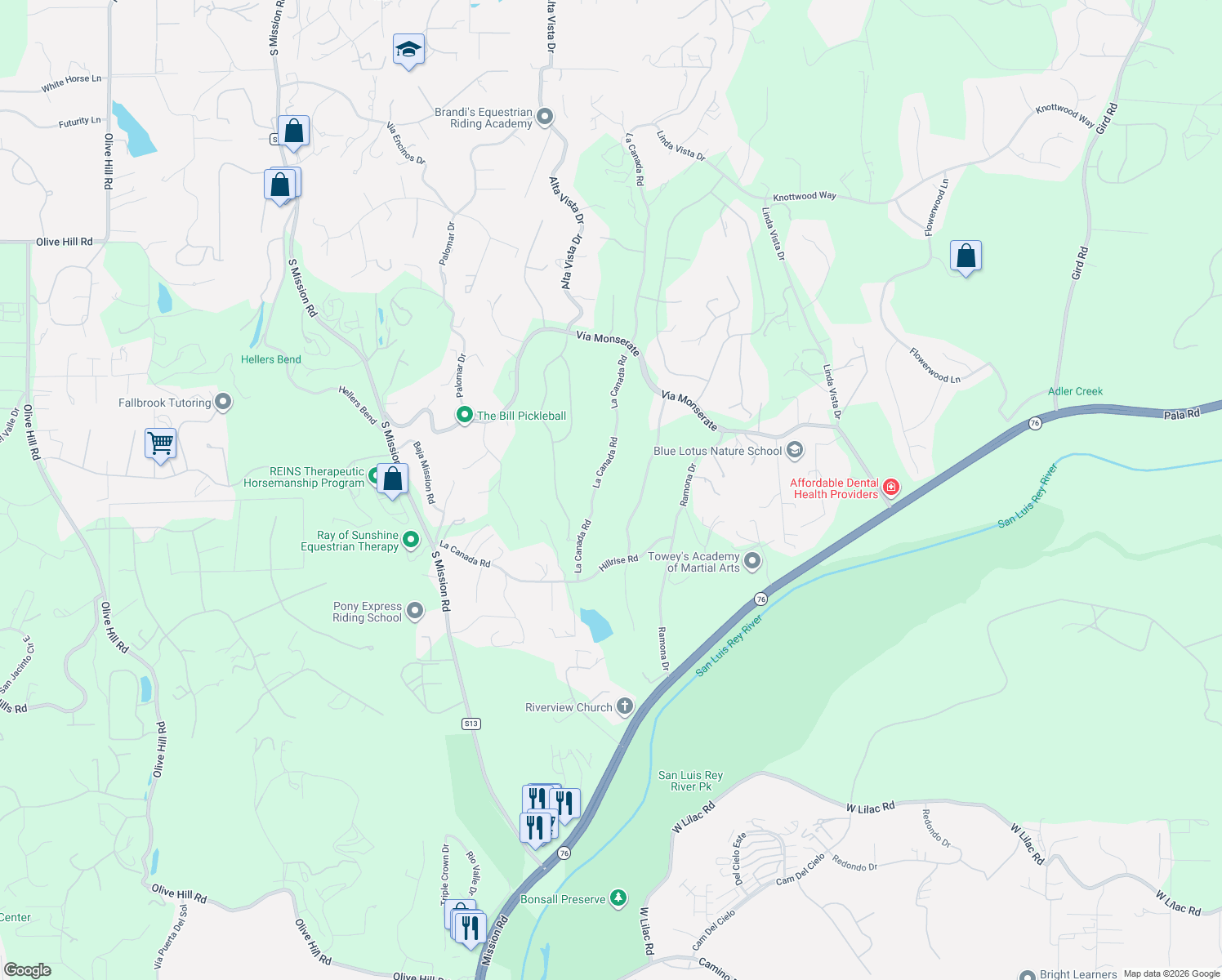 map of restaurants, bars, coffee shops, grocery stores, and more near 4286 La Canada Road in Fallbrook
