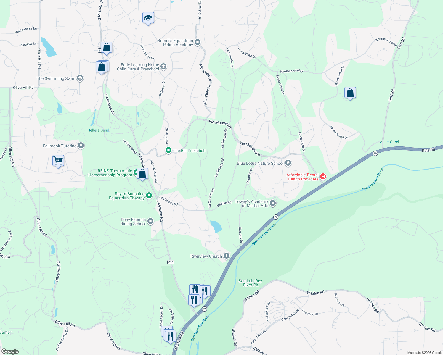 map of restaurants, bars, coffee shops, grocery stores, and more near 4316 La Canada Road in Fallbrook