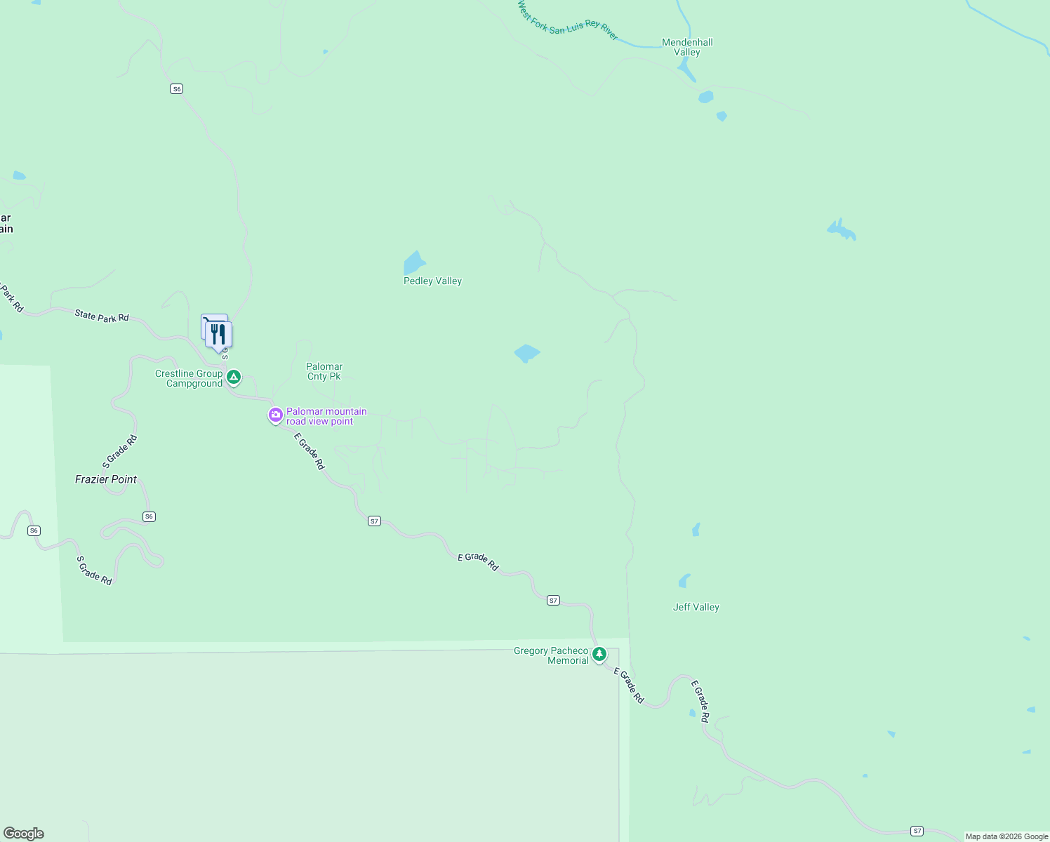 map of restaurants, bars, coffee shops, grocery stores, and more near 22278 Crestline Road in Palomar Mountain