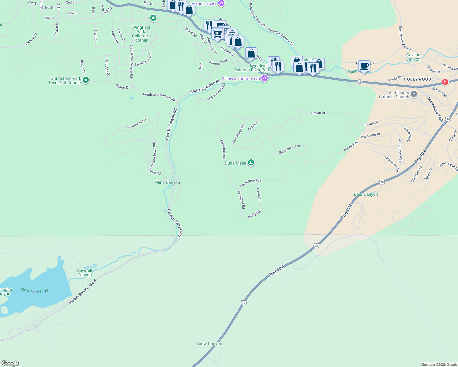 map of restaurants, bars, coffee shops, grocery stores, and more near 420 Excalibur Road in Ruidoso