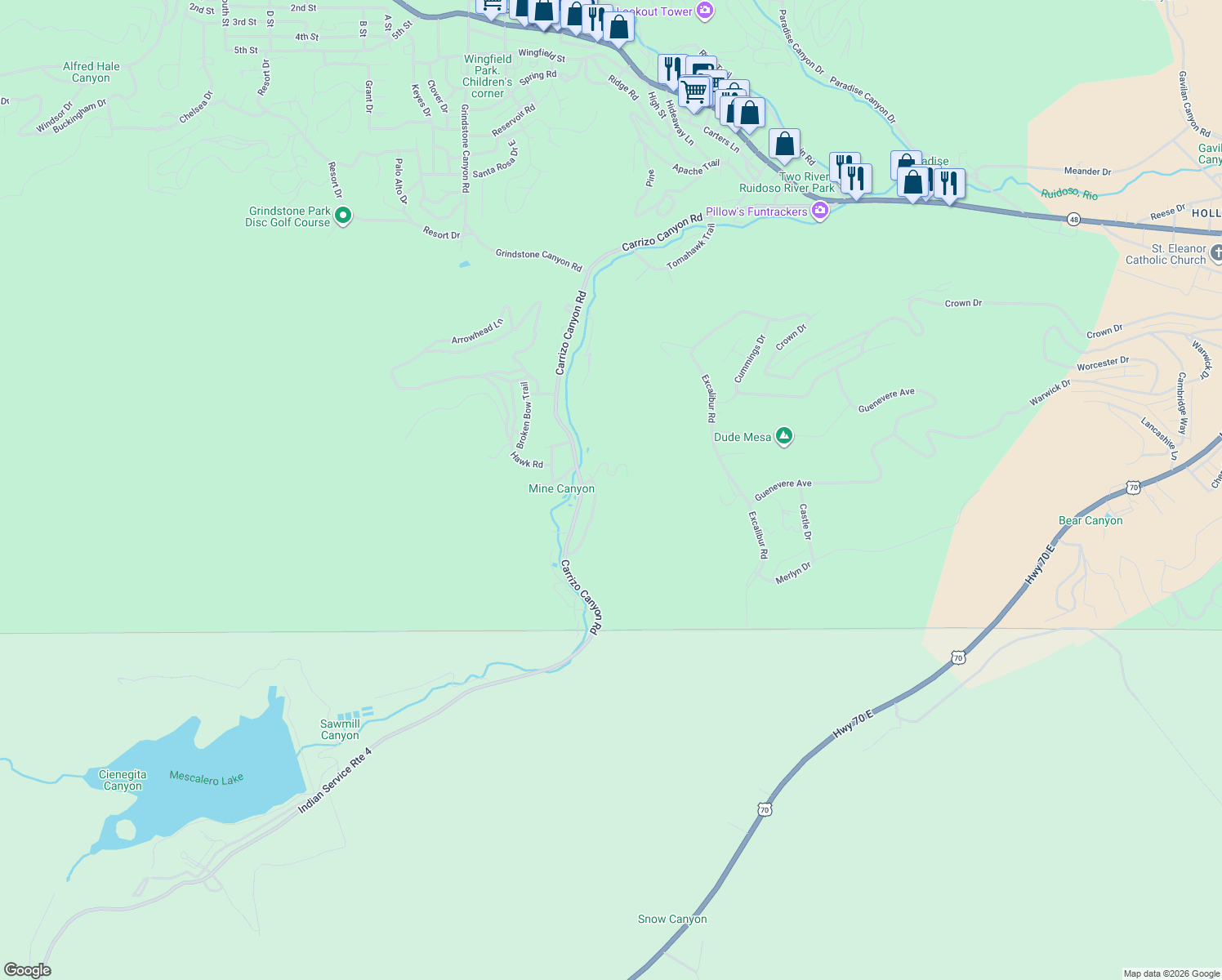 map of restaurants, bars, coffee shops, grocery stores, and more near 100 North Rocky Road in Ruidoso