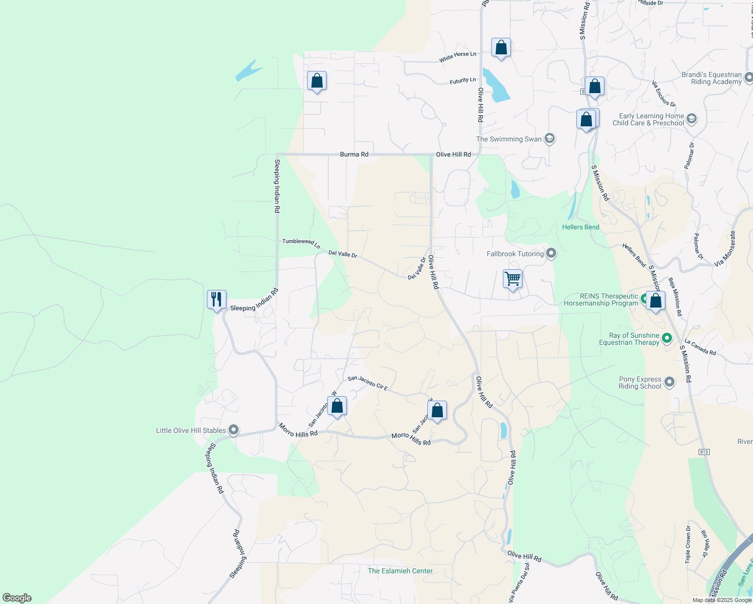 map of restaurants, bars, coffee shops, grocery stores, and more near 4425 Highland Oaks Street in Fallbrook