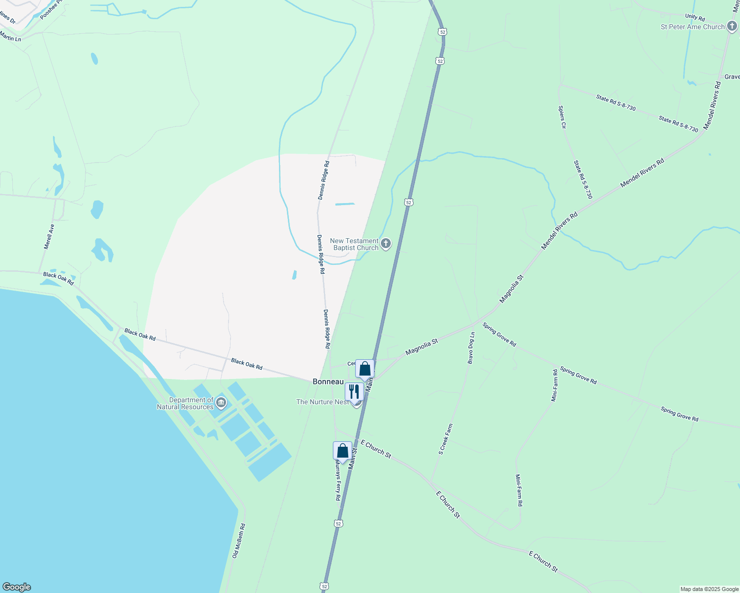 map of restaurants, bars, coffee shops, grocery stores, and more near 1561 Main Street in Bonneau