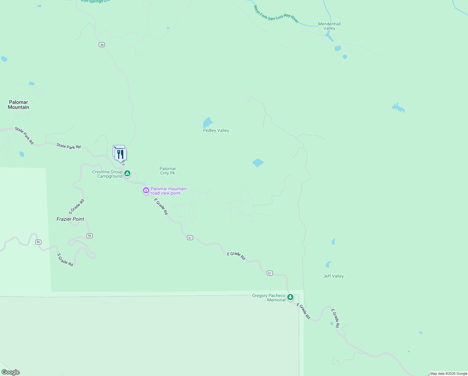 map of restaurants, bars, coffee shops, grocery stores, and more near 22222 Crestline Road in Palomar Mountain