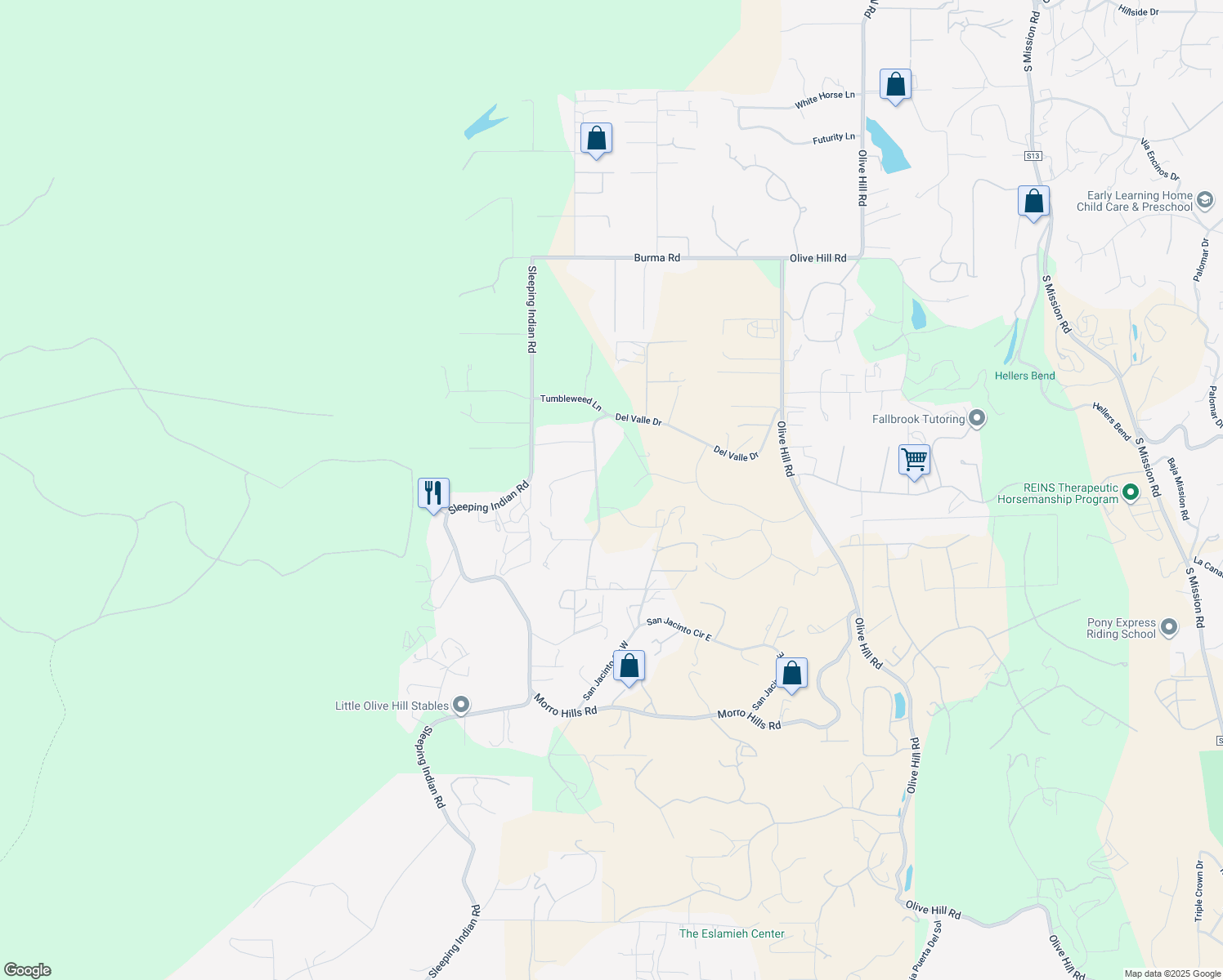 map of restaurants, bars, coffee shops, grocery stores, and more near 736 Del Valle Drive in Fallbrook
