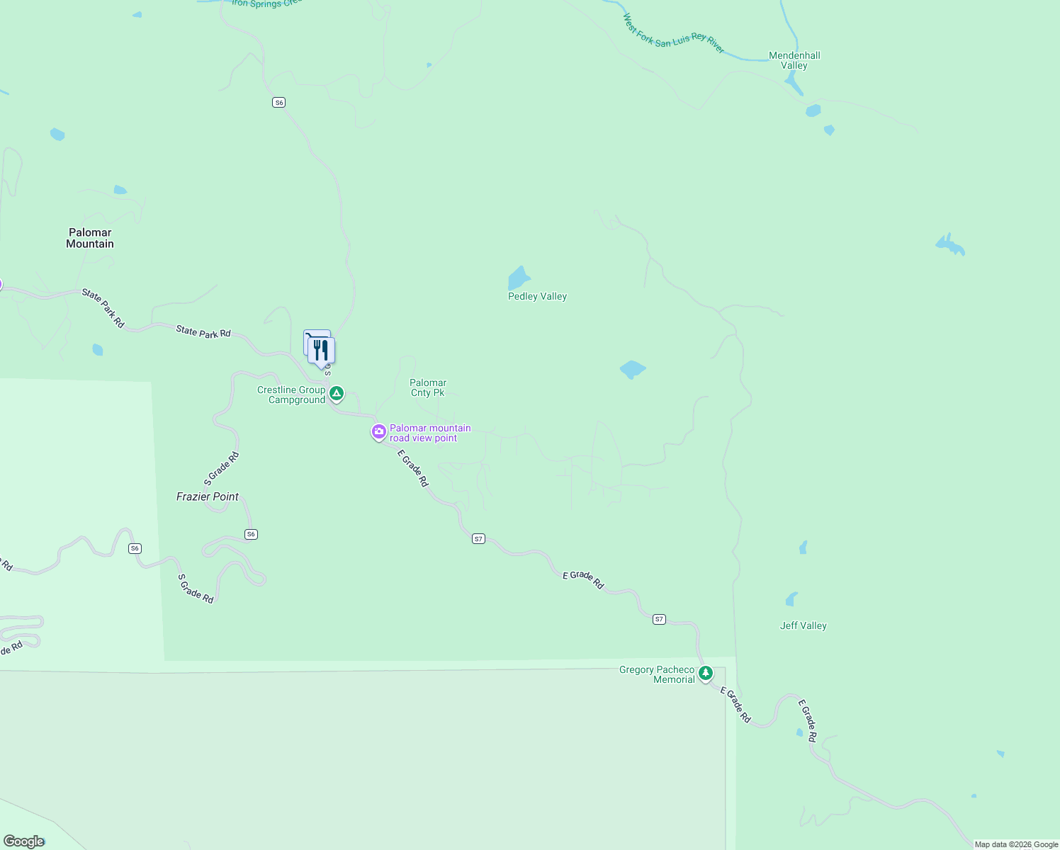 map of restaurants, bars, coffee shops, grocery stores, and more near 22104 Crestline Road in Palomar Mountain