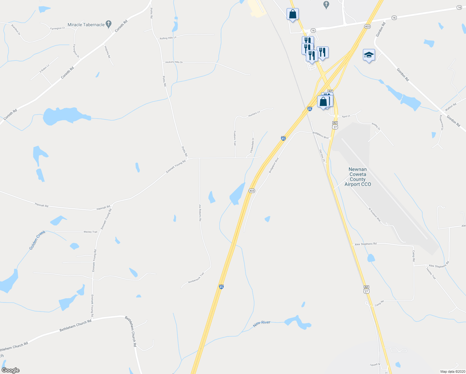 map of restaurants, bars, coffee shops, grocery stores, and more near 971 Emmett Young Rd in Newnan