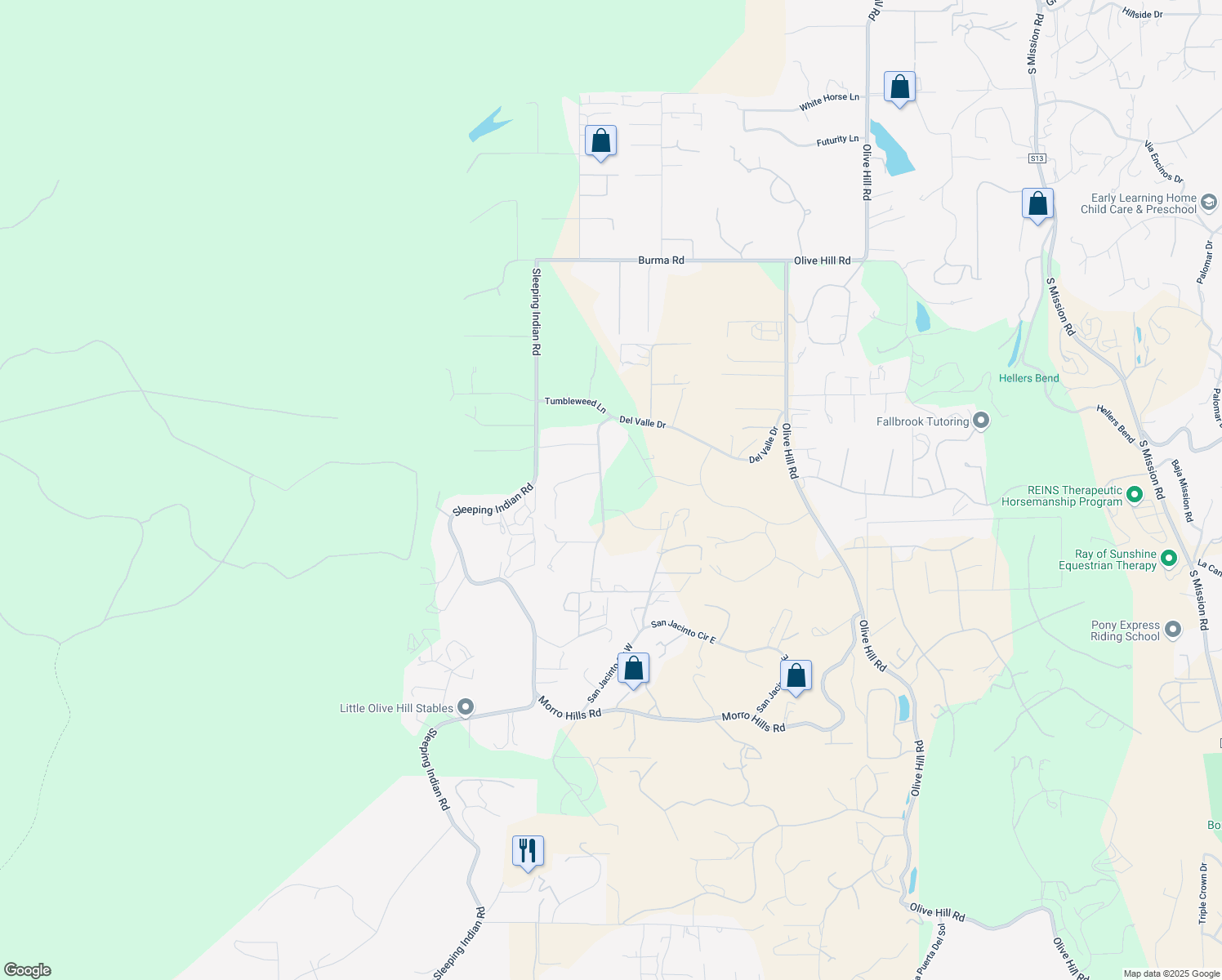 map of restaurants, bars, coffee shops, grocery stores, and more near 736 Del Valle Drive in Fallbrook