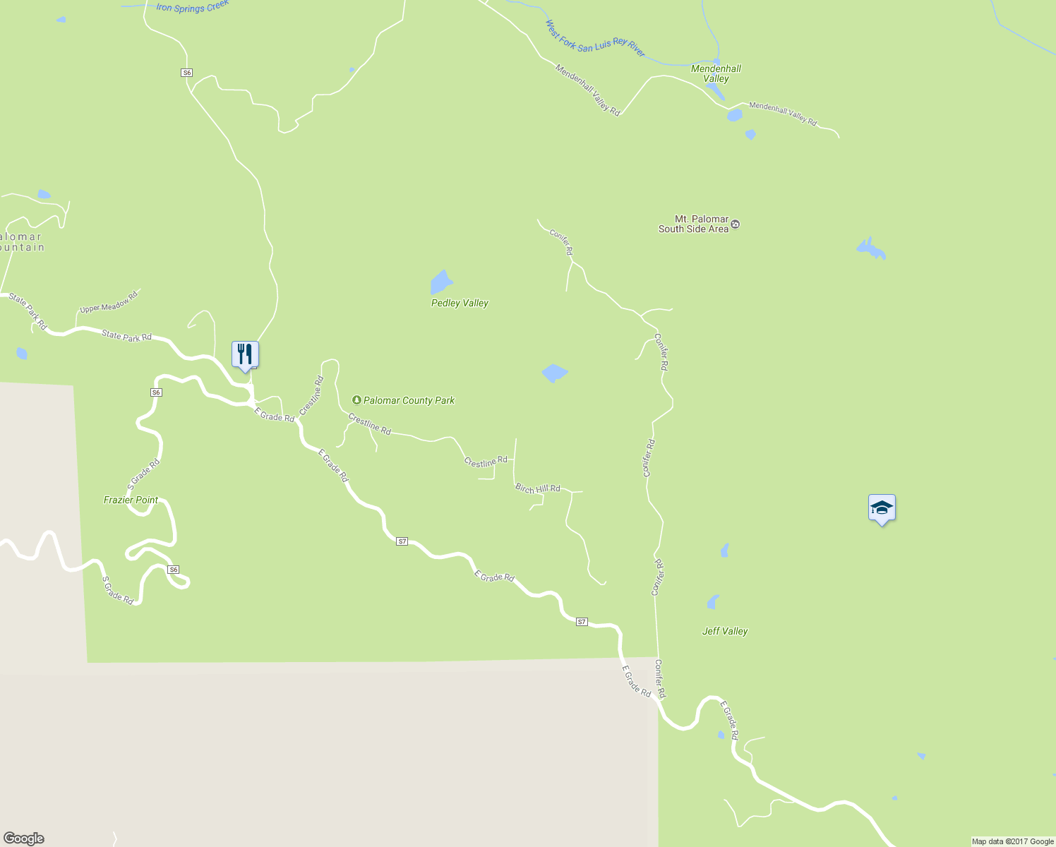 map of restaurants, bars, coffee shops, grocery stores, and more near 22200 Crestline Road in Palomar Mountain