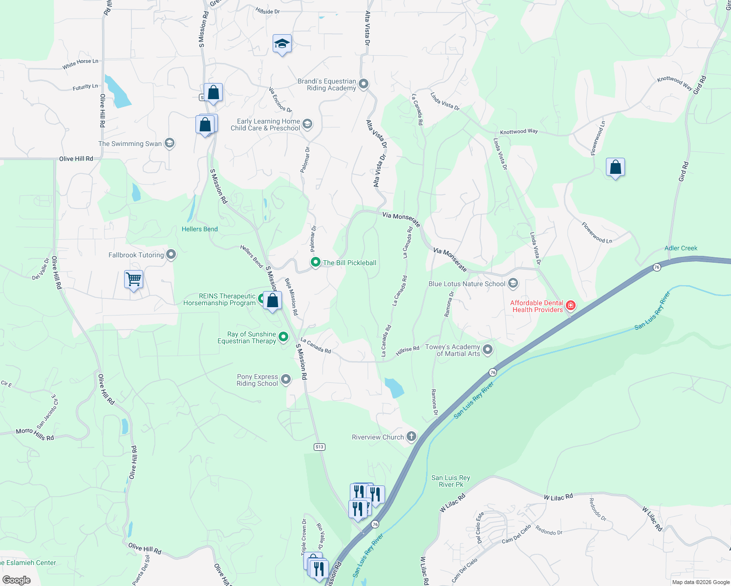 map of restaurants, bars, coffee shops, grocery stores, and more near 4217 Bridlewood Road in Fallbrook