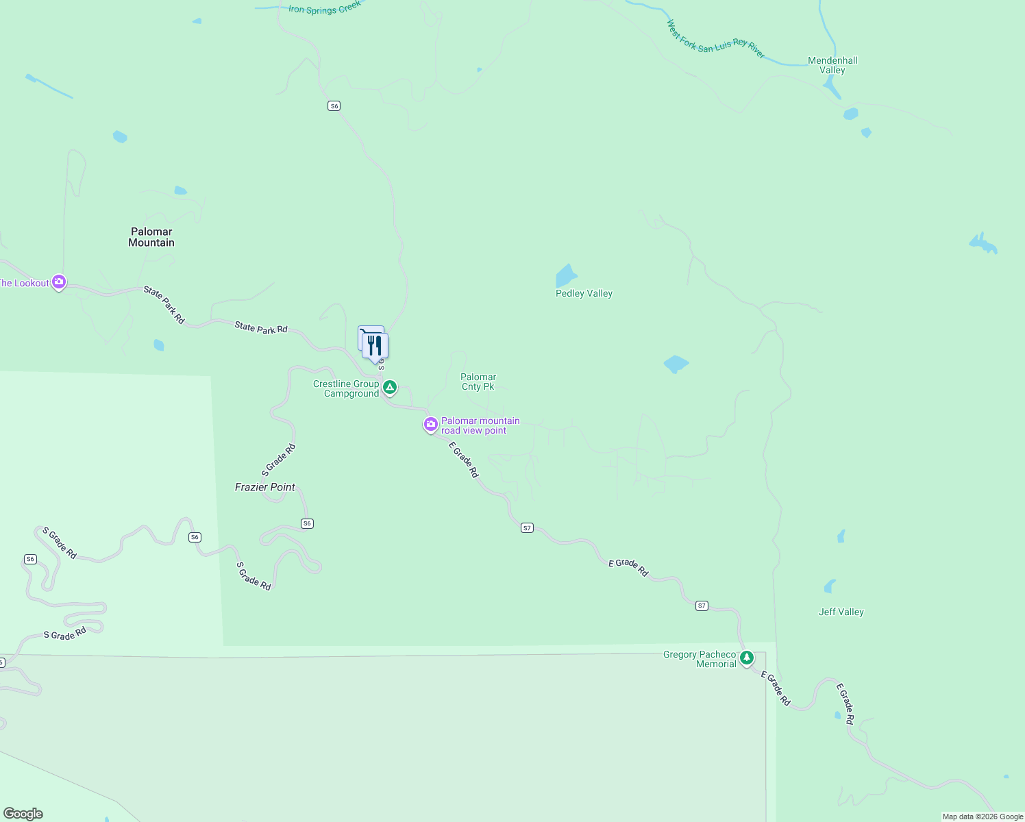 map of restaurants, bars, coffee shops, grocery stores, and more near 21868 Crestline Road in Palomar Mountain