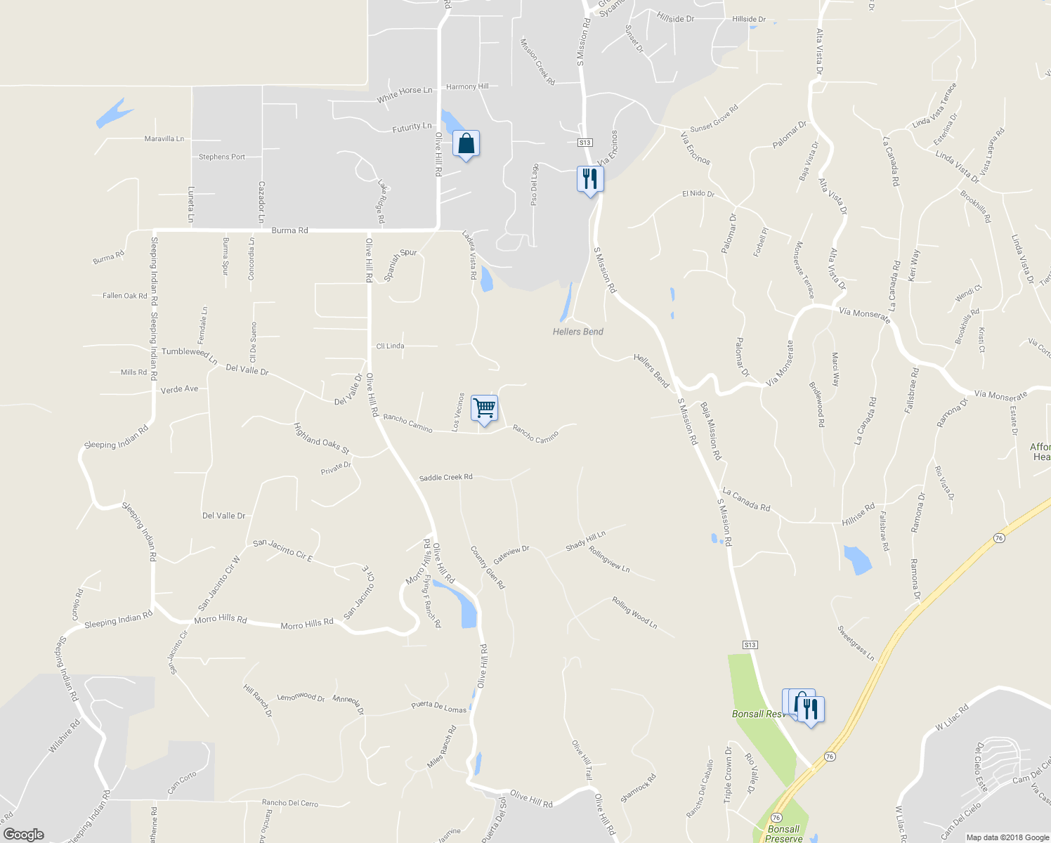 map of restaurants, bars, coffee shops, grocery stores, and more near 435 Rancho Camino in Fallbrook