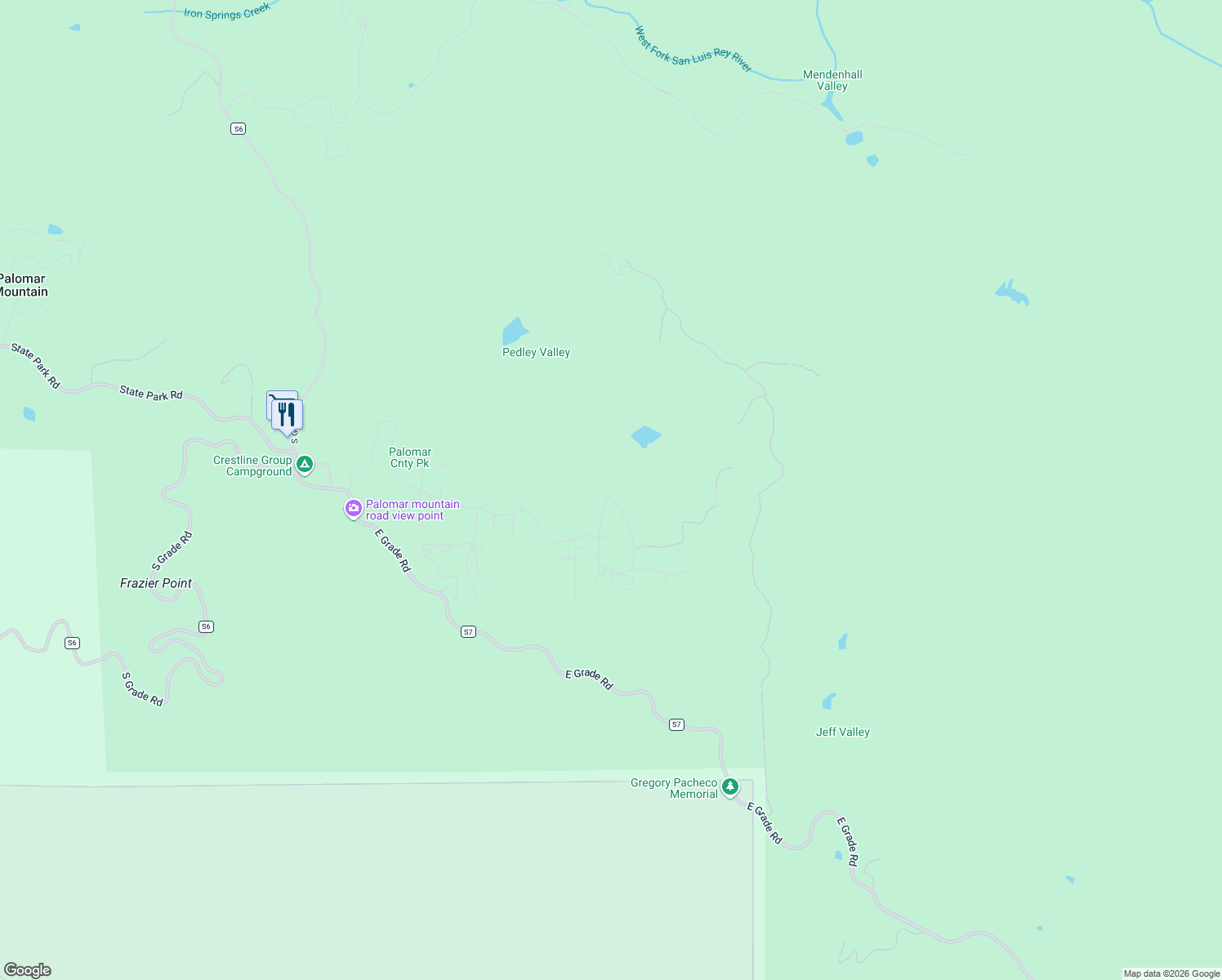 map of restaurants, bars, coffee shops, grocery stores, and more near 22200 Crestline Road in Palomar Mountain
