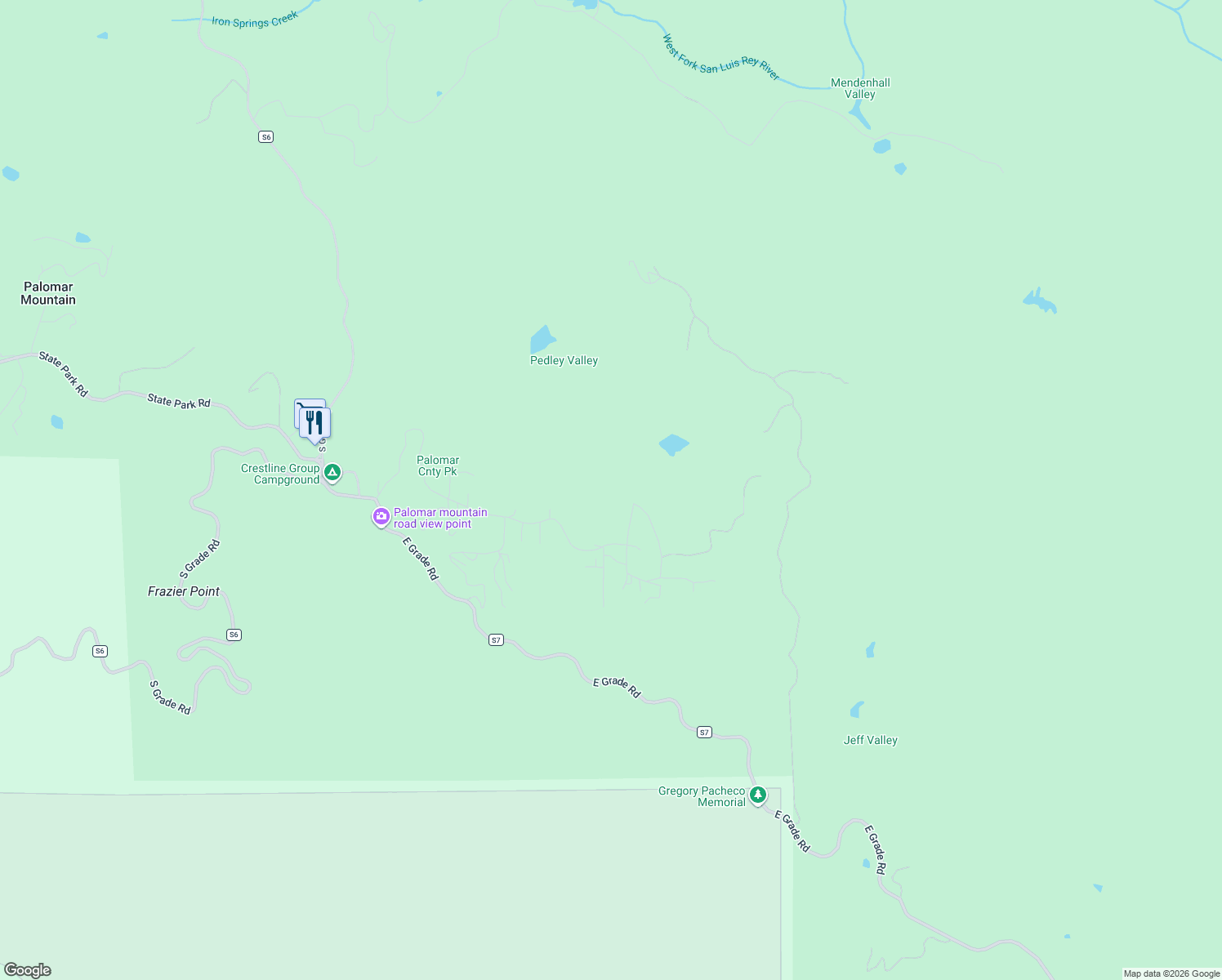 map of restaurants, bars, coffee shops, grocery stores, and more near 22222 Crestline Road in Palomar Mountain