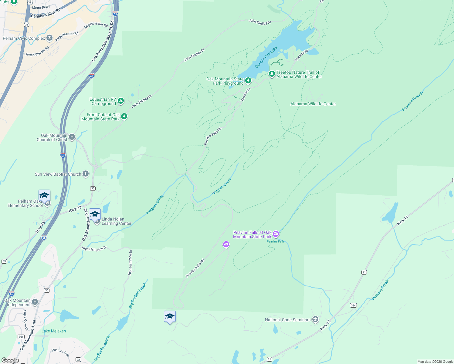 map of restaurants, bars, coffee shops, grocery stores, and more near Peavine Falls Road in Pelham