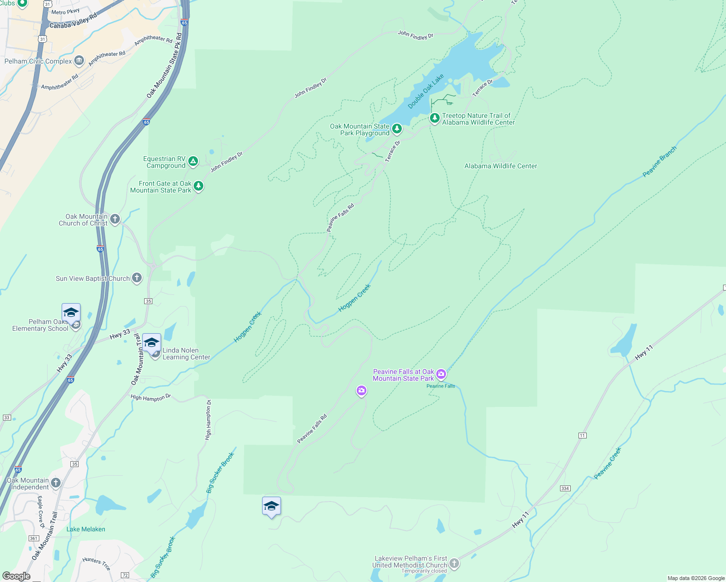 map of restaurants, bars, coffee shops, grocery stores, and more near Peavine Falls Road in Pelham