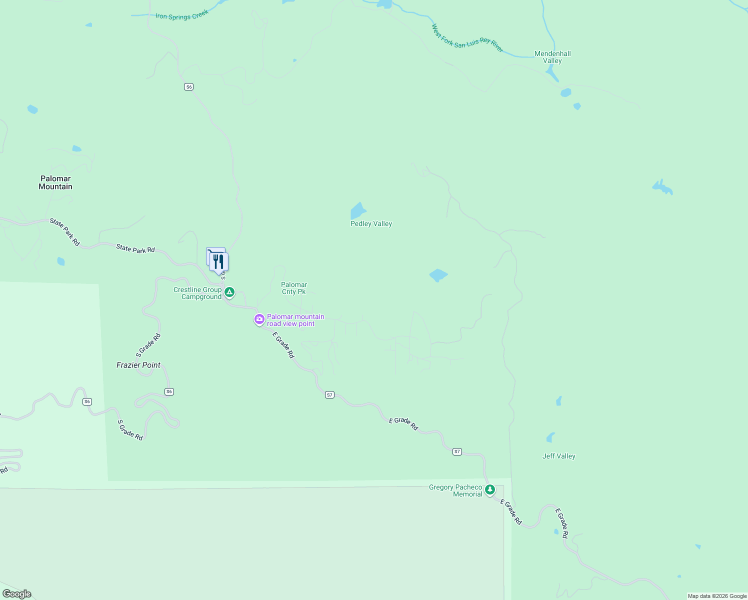 map of restaurants, bars, coffee shops, grocery stores, and more near 22104 Crestline Road in Palomar Mountain