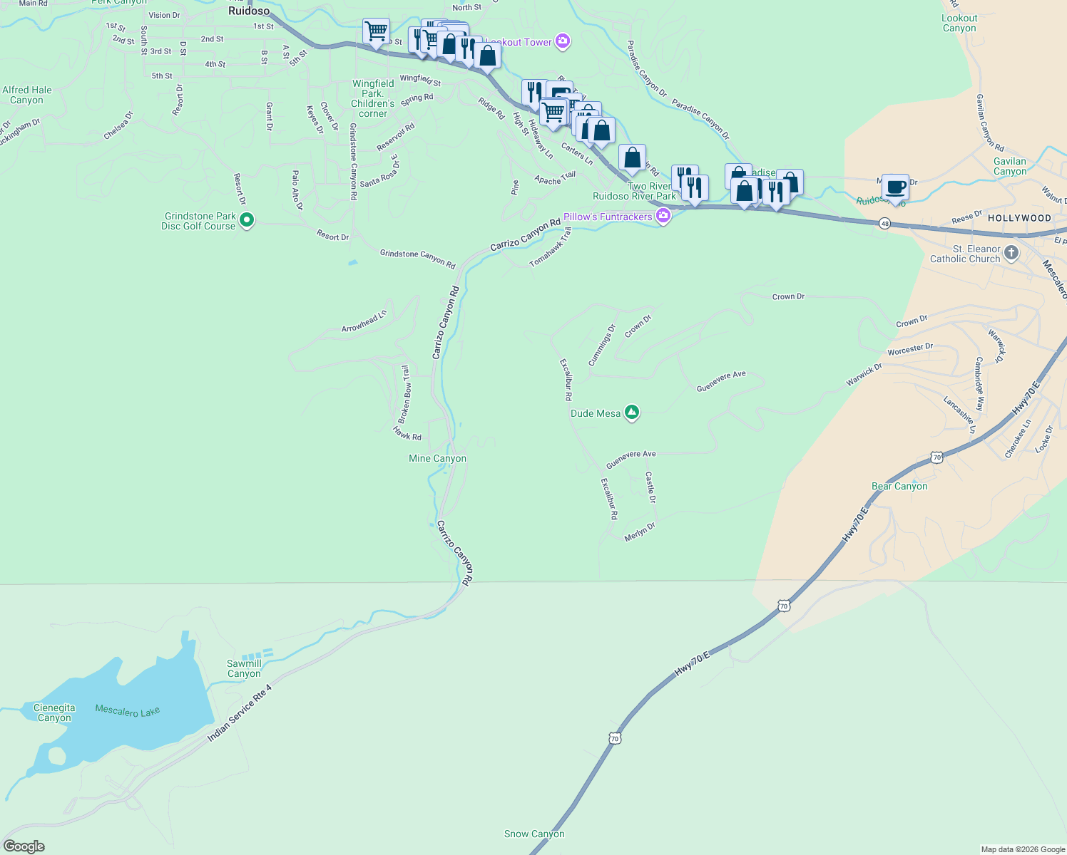map of restaurants, bars, coffee shops, grocery stores, and more near 406 Excalibur Road in Ruidoso