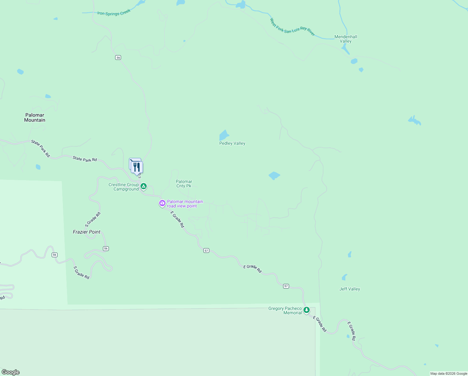 map of restaurants, bars, coffee shops, grocery stores, and more near 22136 Crestline Road in Palomar Mountain