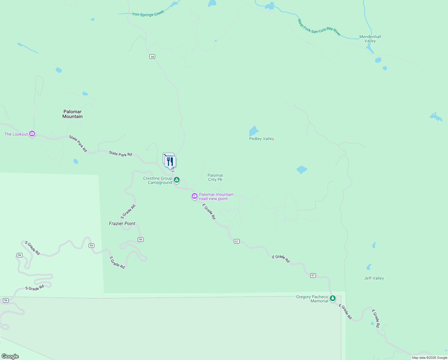 map of restaurants, bars, coffee shops, grocery stores, and more near 21824 Crestline Road in Palomar Mountain