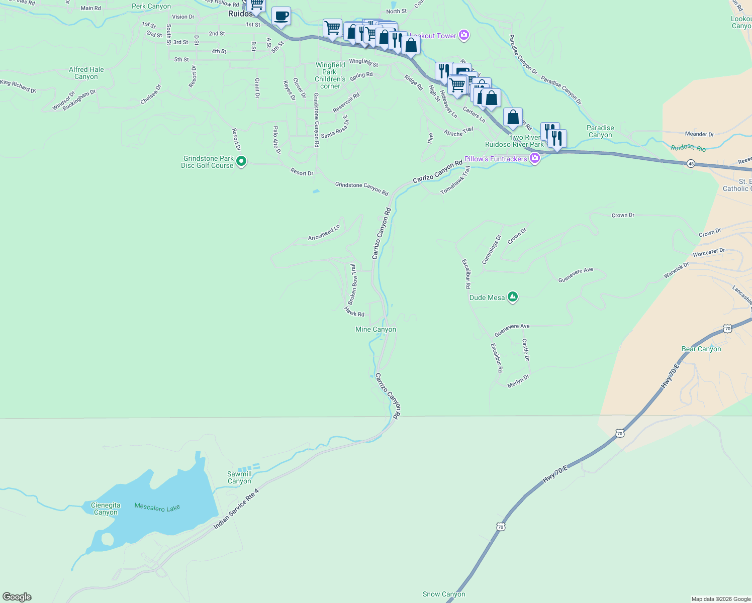 map of restaurants, bars, coffee shops, grocery stores, and more near Long Trail in Ruidoso