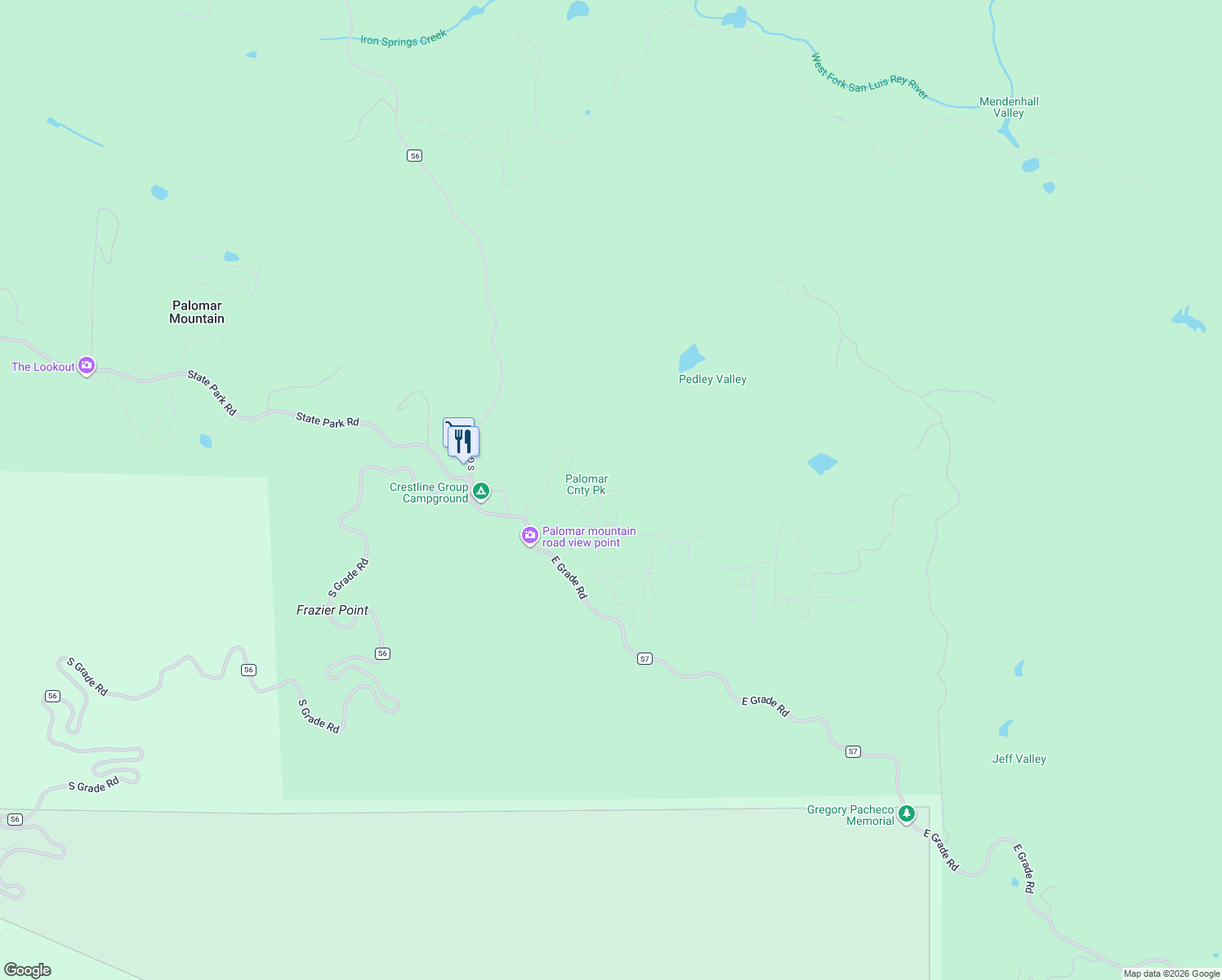 map of restaurants, bars, coffee shops, grocery stores, and more near 21824 Crestline Road in Palomar Mountain