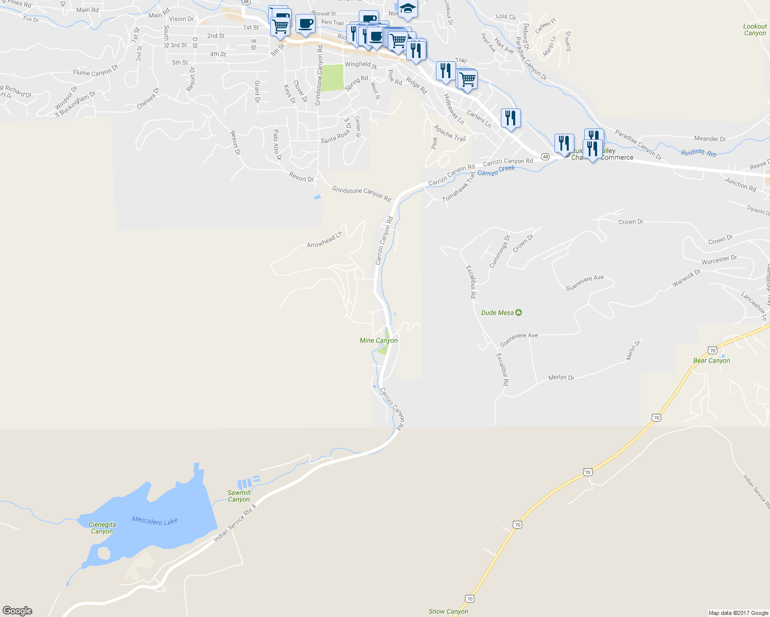 map of restaurants, bars, coffee shops, grocery stores, and more near Carrizo Canyon Road in Ruidoso