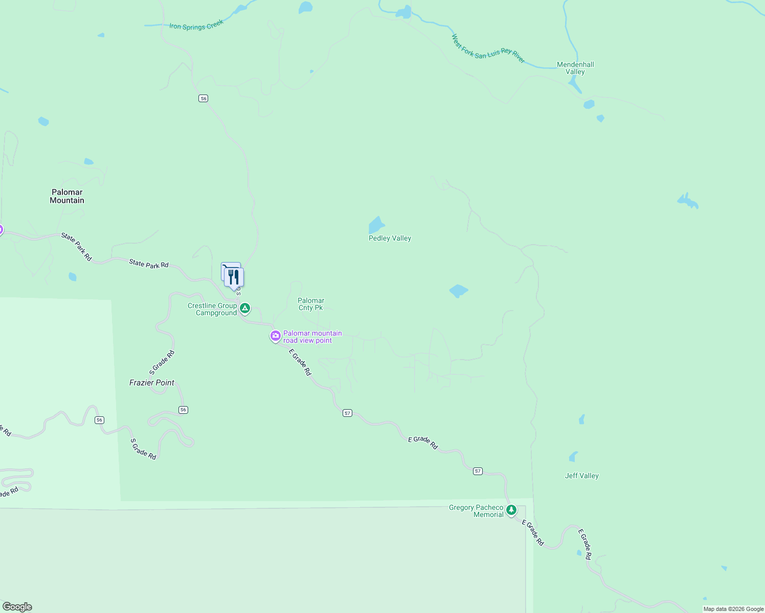 map of restaurants, bars, coffee shops, grocery stores, and more near 22114 Crestline Road in Palomar Mountain