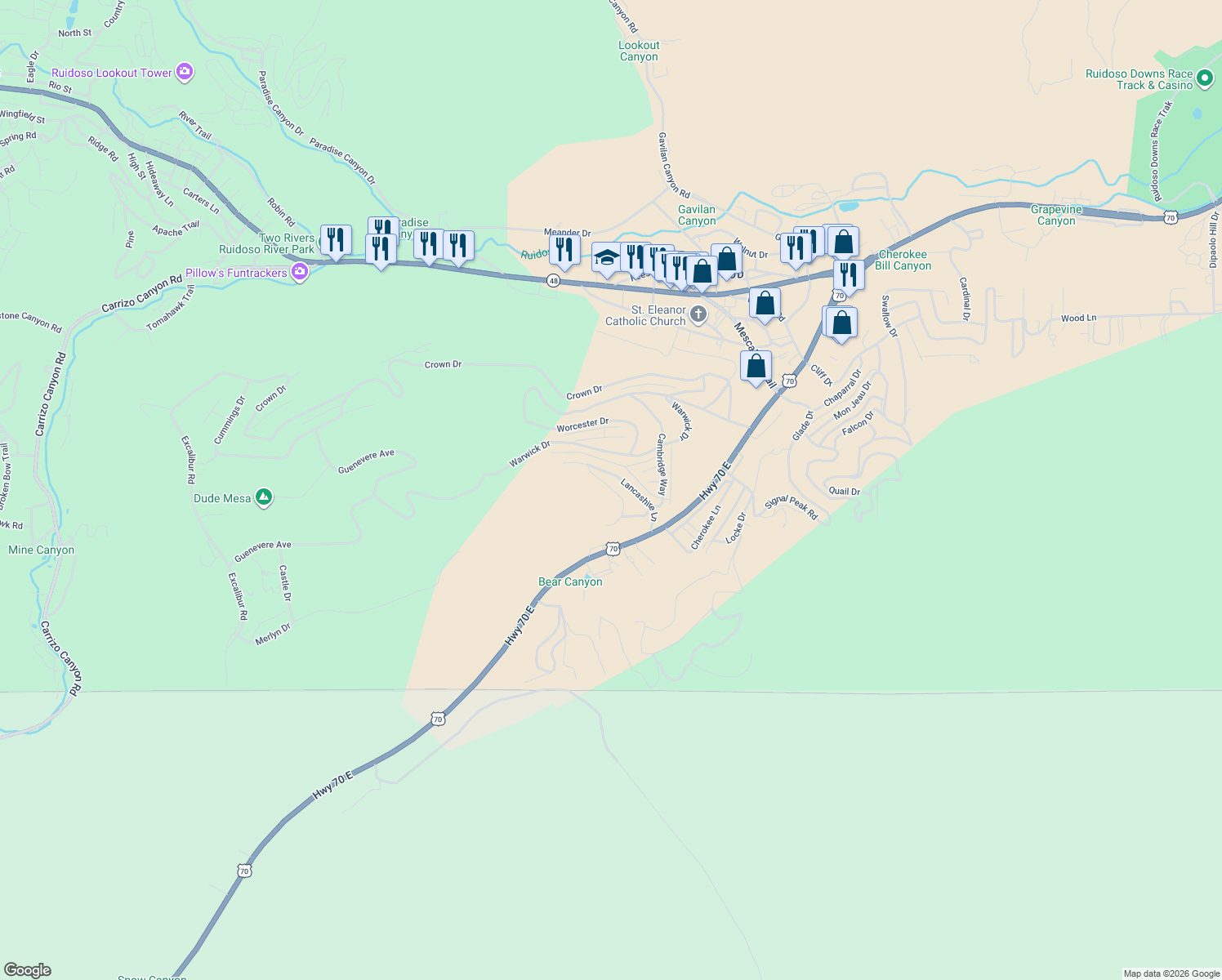 map of restaurants, bars, coffee shops, grocery stores, and more near Hampshire Road in Ruidoso