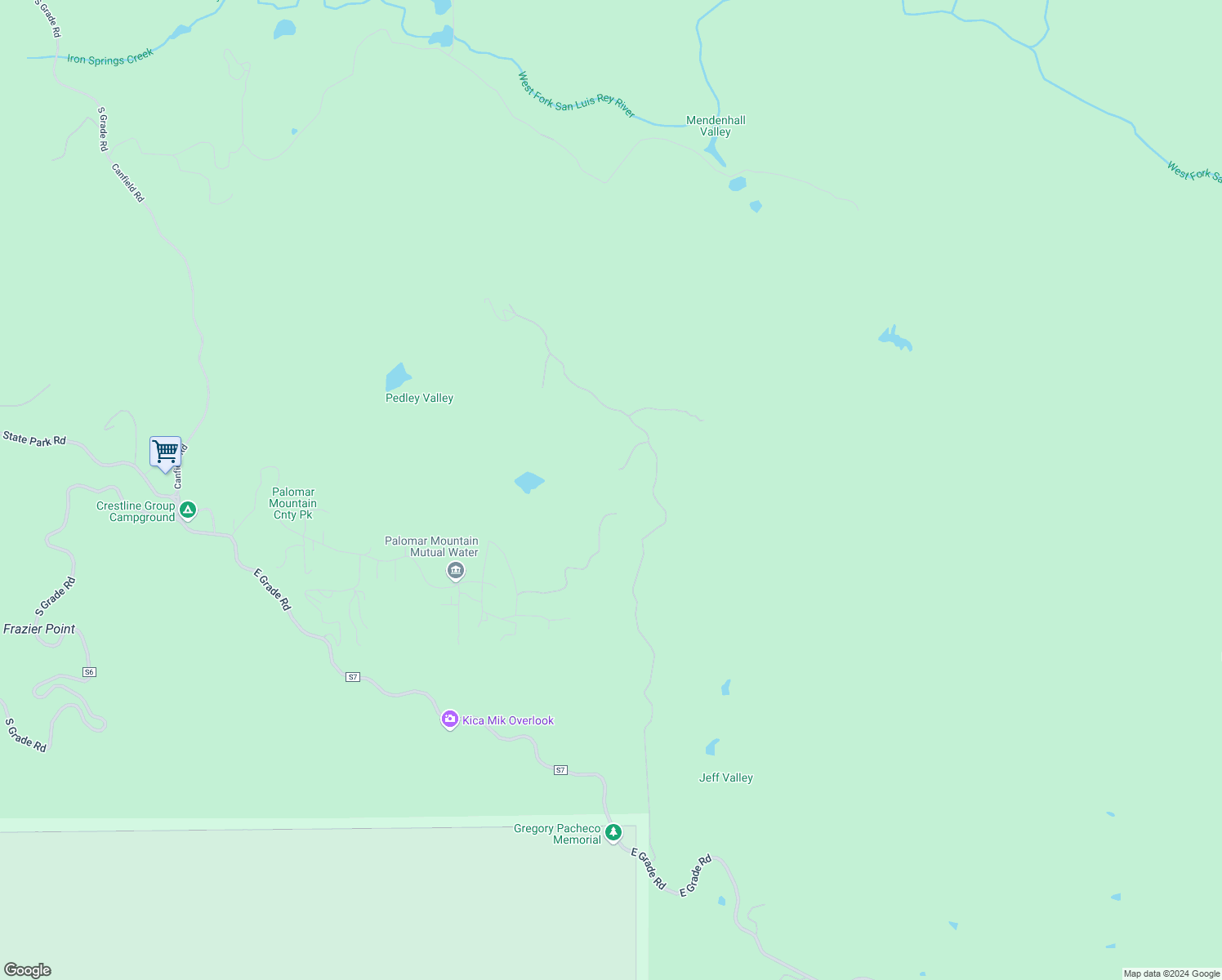 map of restaurants, bars, coffee shops, grocery stores, and more near Greenfield Way in Palomar Mountain