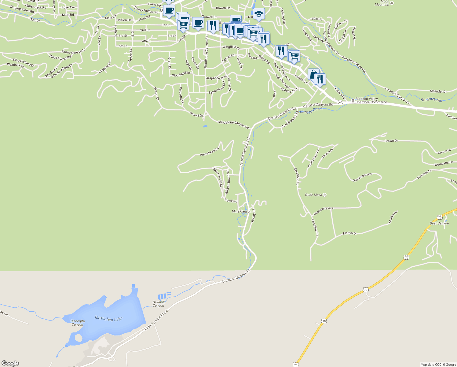 map of restaurants, bars, coffee shops, grocery stores, and more near Broken Bow Trail in Ruidoso