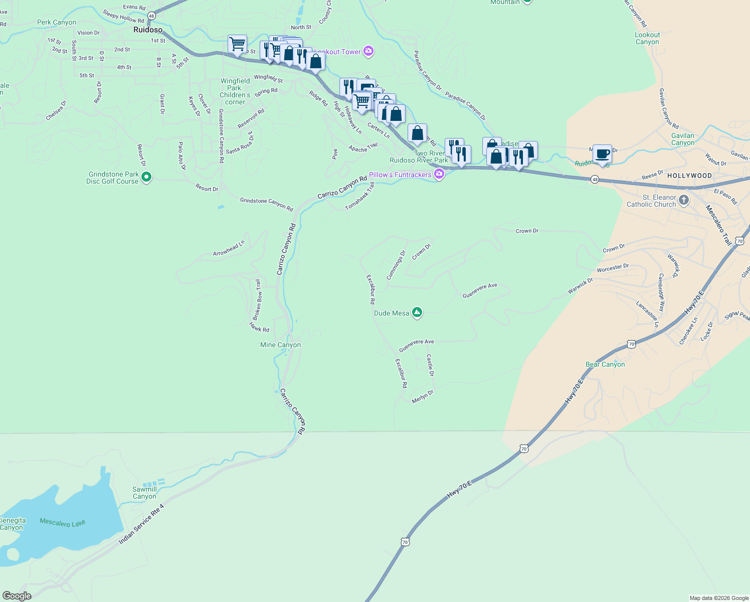 map of restaurants, bars, coffee shops, grocery stores, and more near 226 Excalibur Road in Ruidoso